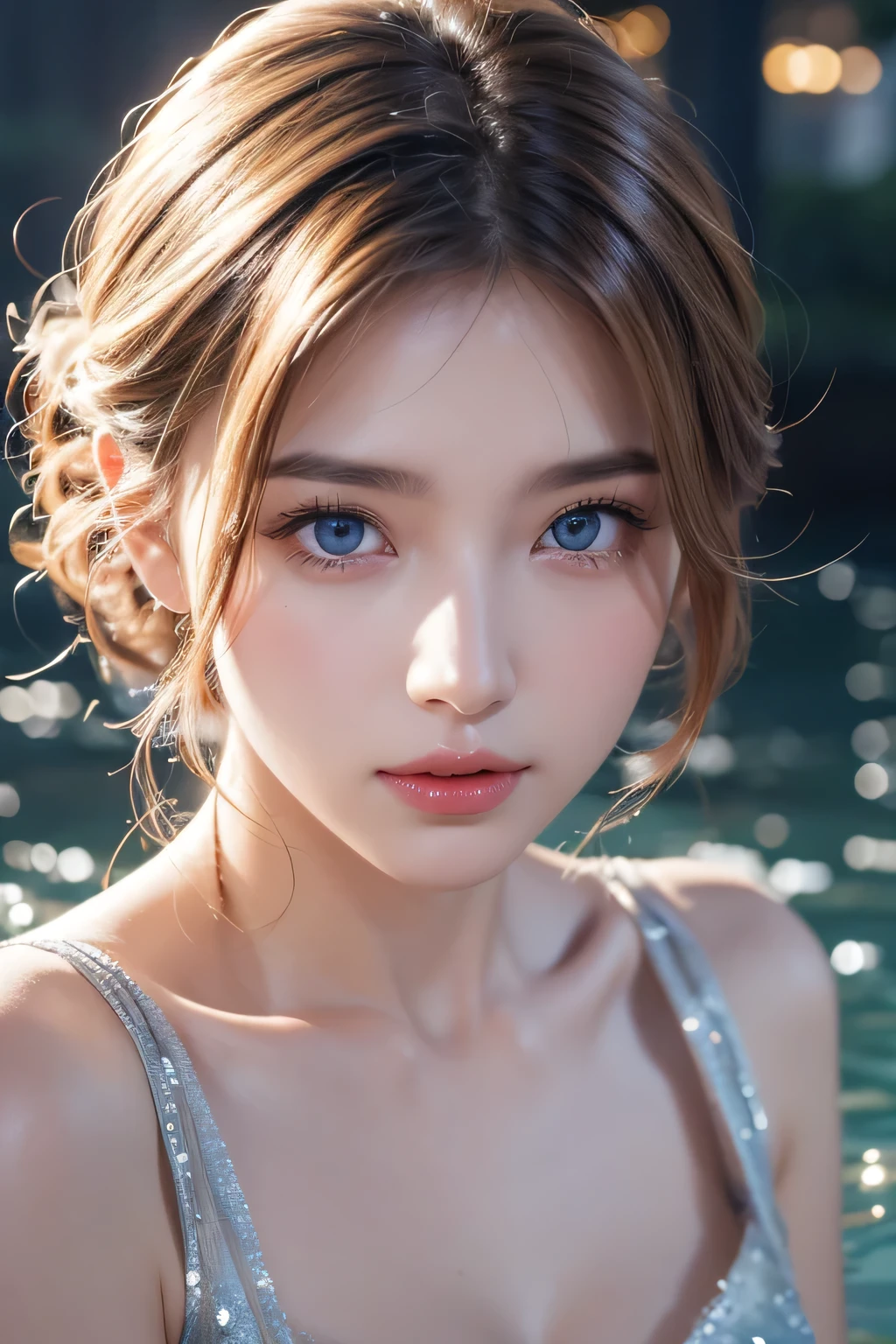 high quality work，Realistic artwork，Ultra Premium Graphics，8K HD CG Works，High quality graphics，High-definition and elaborate CG work，10x pixels，Ultra-fine detail：1.1，Advanced Technical Details：1.1Realistic photo effects，Indoor lighting effects：1.5，Natural soft light：1.5. Light effects（Virtual Light Effects：1.8），Ultra-high resolution，Shiny Dress，Silver long hair，Silver Hair，Transparent Hair，Hair with attention to detail（High quality hair detail：1.1）Clear Eyes，Double eyelids are beautiful，Sharp eye makeup, Creates exquisite eyelash makeup, Thin eyebrows, Very fine eye，High nose, Beautiful red lips, Rosy Cheeks, Delicate makeup applied , Pretty face, The face shape is perfectly balanced,（Advanced Face Detail：1.1）Short-haired girl floating in water、Carly）, blue eyes, job，No costume box，A body exposed to the audience，Nipples are visible，Stunning face portrait, Gveiz-style artwork, Beautiful portrait, Beautiful Face, Gveiz, Watery eye, Detailed Numerical Art, Numerical Art, Beautiful artwork, Reusch et al......... enough, 青いWatery eye, Beautiful Numerical Art works，frontage，LOL，Women artwork，Dress full body video，realism，Great cleavage，Your eyes are shining brightly today，Wearing shorts，Beautiful legs