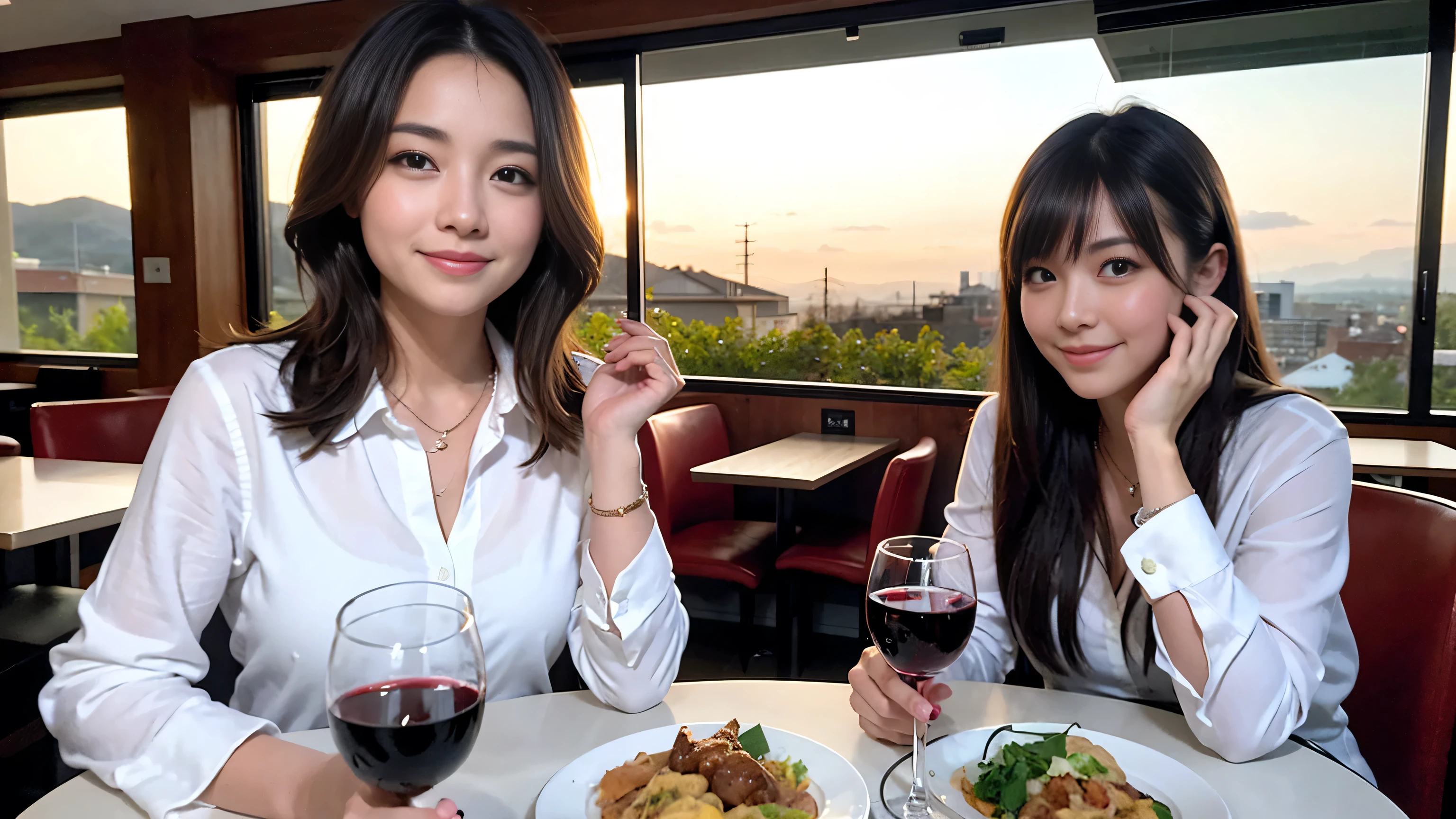 ((highest quality、8k、masterpiece:1.3))、Sharp focus:1.2、Beautiful woman perfect body:1.4、Slim body、((Bob Hale、Straight hair:1.2))、(to be born, highest quality, masterpiece:1.5), (Realistic, Intricate details:1.2), Wine glass on the table、Shine light on your face、 Amazing view of the sunset sky and clouds、Amazing mountain views、A bright smile、A lovely woman with a smile、Bright image、The beauty of wine, Beautiful Face, blue eyes, The light shines on your face, Blushing, short hair,Bright Face、Fox face、 (43 years old), 39 years old, Lady、red wine 、Appetizers、Italian food、Wine bottle、Champagne、sparkling wine、Two beauties、Brown Hair、Shortcuts、Long sleeve shirt、dress、Pretty Woman 1, (Slim face), (The body is slim), (Brown Hair), (Shortcuts), cheeks turn a little red,Attractive beauty、, Out of the window, A beautiful and detailed night view unfolds.........., restaurant, In a prominent place (From the waist up) Nova Frog Style, actress, model, Upper Body, White wine, slim, wine glass, Wine glass placed in the center, smile, (smile: 1.15), Beautiful fine grain, Depth f/2,saturation, High Contrast, Strong light and shadow,Moist Body:1.5、3D texture、Delicate eyes、Brown Hair、The hair is very shiny、