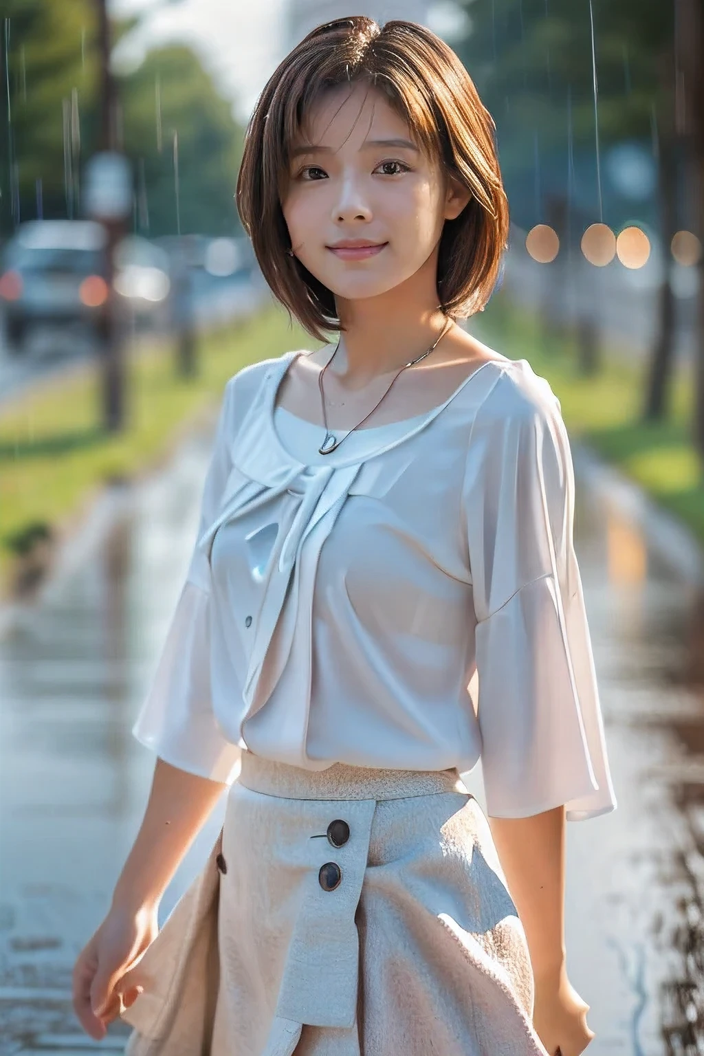 (An 18-year-old woman walking through the rain:1.5)、(Soaking wet:1.2)、(The best quality at its best:1.4), (Super detailed), (Very detailed CG unified 16k), Beautiful woman with perfect figure: 1.4, Sharp focus: 1.2, Very detailed, High-quality RAW color photos, Professional photography, Great face and eyes, cosmetics, (Amazingly beautiful girl), ((blouse、White flared skirt:1.5)), Sexy posture,(View from below), Realistic movie faces, Wide zoomed out view of head to foot length, Full body long view, Realistic, ((Realistic natural orange red hairstyle, Realistic blue eyes)), ( Short Bob Hair:1.5), (necklace:1.5)、, Very beautiful face, Perfect model beauty, Mouth swelling, Highly detailed face and skin texture, Fine grain, double eyelid, Medium chest, smile, Crack, west, (masterpiece), highest quality, High resolution, Very detailed, Blurred Background, Depth of written boundary, Cinema Lighting, Great legs, , Clear, well-maintained skin, (((Women make up the majority of the photo)))