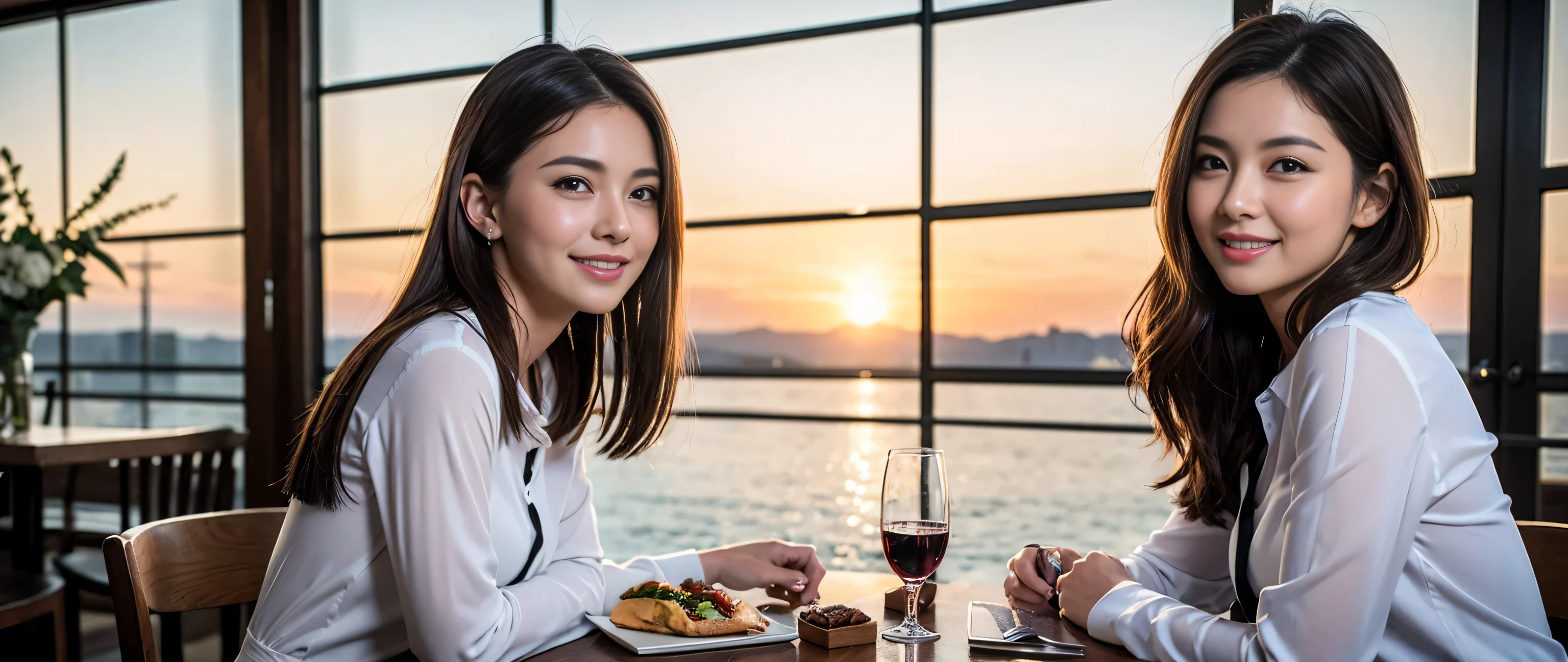 ((highest quality、8k、masterpiece:1.3))、Sharp focus:1.2、Beautiful woman perfect body:1.4、Slim body、((Bob Hale、Straight hair:1.2))、(to be born, highest quality, masterpiece:1.5), (Realistic, Intricate details:1.2), Wine glass on the table、Shine light on your face、 Amazing view of the sunset sky and clouds、Amazing mountain views、A bright smile、A lovely woman with a smile、Bright image、The beauty of wine, Beautiful Face, blue eyes, The light shines on your face, Blushing, short hair,Bright Face、Fox face、 (43 years old), 39 years old, Lady、red wine 、Appetizers、Italian food、Wine bottle、Champagne、sparkling wine、Two beauties、Brown Hair、Shortcuts、Long sleeve shirt、dress、Pretty Woman 1, (Slim face), (The body is slim), (Brown Hair), (Shortcuts), cheeks turn a little red,Attractive beauty、, Out of the window, A beautiful and detailed night view unfolds.........., restaurant, In a prominent place (From the waist up) Nova Frog Style, actress, model, Upper Body, White wine, slim, wine glass, Wine glass placed in the center, smile, (smile: 1.15), Beautiful fine grain, Depth f/2,saturation, High Contrast, Strong light and shadow,Moist Body:1.5、3D texture、Delicate eyes、Brown Hair、The hair is very shiny、