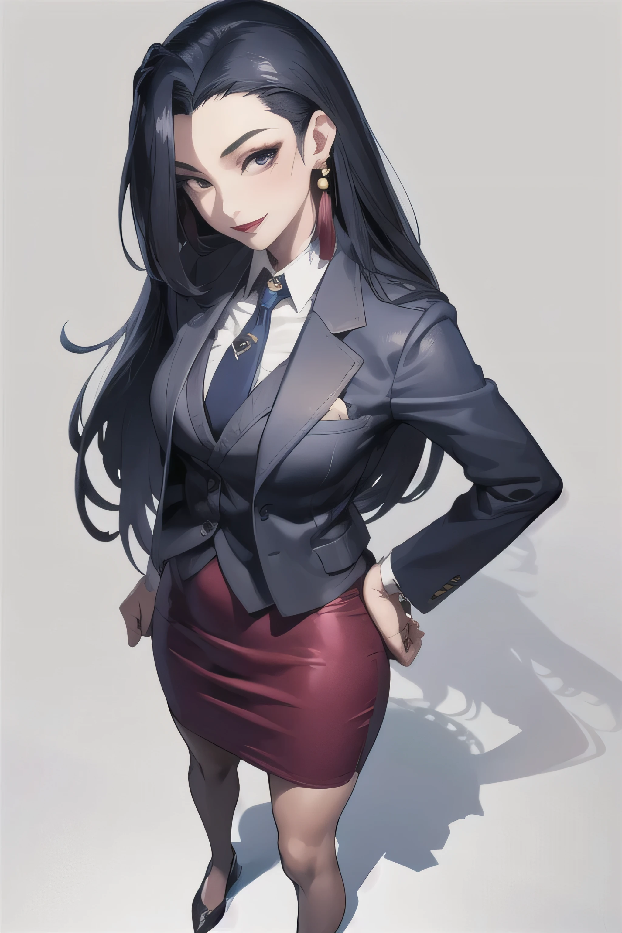 (masterpiece, best quality:1.2), solo, 1girl, shenhua, makeup, smile, looking at viewer, hand on hip, fully clothed, skirt suit, suit and tie, (((three-piece suit))), silk dress shirt, shirt and tie, necktie, ((blazer)), ((suit jacket)) ((waistcoat)), ((bodycon pencil skirt)), pantyhose, tights, high heels, tie clip, pocket square, tailored suit, (((cufflinks))), , earrings, high saturation