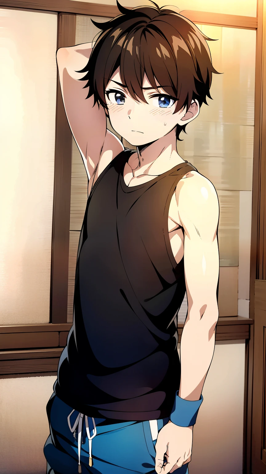 highres,Masterpiece, Best quality at best,Best Quality,hight quality, hight detailed, Anime style, 1boy, masculine Boy, Shota, indoor, Cheerful boy, basket uniform,Tank Tops, (Show his armpit:1.3, Sooth armpit), boy focus, Uhd, Simple beckground