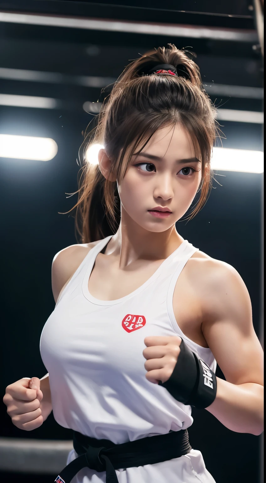 (RAW Photos:1.2), (Realistic), Beautiful detailed girl, Very detailed eyes and face, Beautiful and beautiful eyes, Large file size, High resolution, Very detailed, highest quality, [Tabletop:1.6], shape, Very detailed, The finer details, highest quality, 8K Dende Wallpaper, Cinema Lighting,Fighting arena in the background、20 year old slim and muscular woman, Female Fighter, Karate pose, Outdoor Martial Arts Tournament, hang on, Uniform, 彼女の柔Uniform, ponytail, Serious expression, The body is slim, Young Face, , Stadium