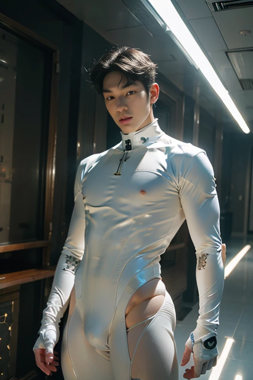 (masutepiece,High resolution,ultra - detailed:1.0),1(Boy,Robot Boy),Perfect male body,Look at the camera,Delicate eyes and delicate face,extremely details CG,Unity 8k wallpaper,intricate-detail,solo person,Detailed face, (Futuristic skin-perfect white jumpsuit), Best Quality, hands visible, (White Gloves), Beautiful and delicate blue short hair:1.5 , full length shot(fls) , big thighs , big hips , insane details, hyper details , photorealistic , only male , handsome boy , puffy nipples , 16k resolution , ultra-high clarity , hyperrealism, uhd,. K-pop idol , whore , slutty whore , swollen nipples , defeat , grins ,thick thighs, thick hips , male , wide hips , wide pelvis , bare thighs , sexy ,bare hips , epic reality , ultra realism , ultra photorealistic , front view , (((only boy , only male))) , (boy ,male) , (sexy hollow bodysuit) , ((everything tight)) , ((hollow )) , real , ((real boy))