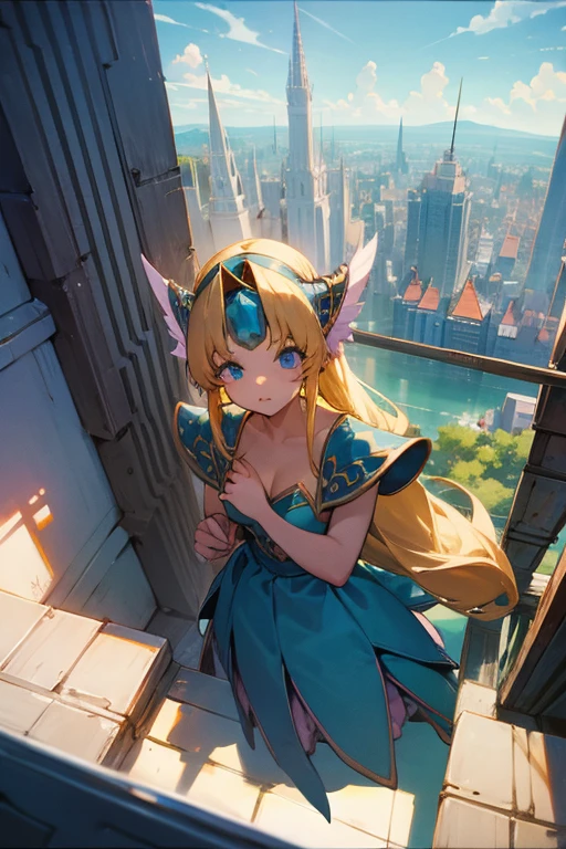 Beautiful girl looking down on a miniature city
