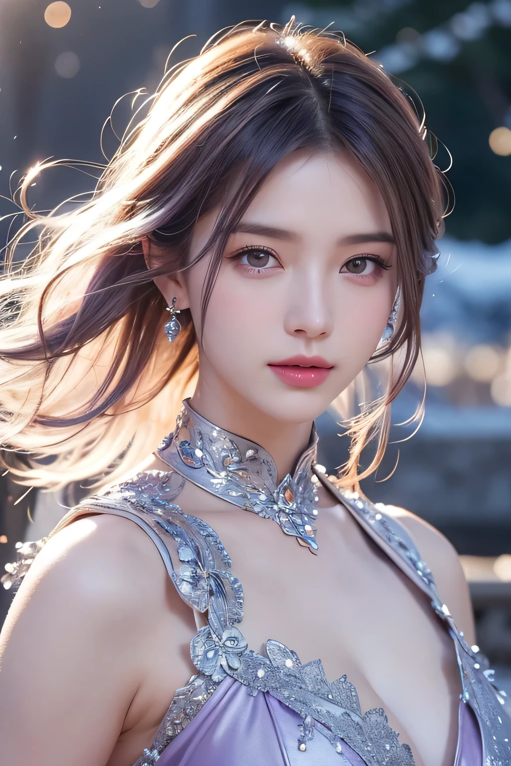High-quality work,Realistic works,Super premium graphics,8K HD CG works,high quality graphics,High-definition and exquisite CG works,10x pixels,Ultra-fine details:1.1,Advanced technical details:1.1Realistic photo effects,Interior lighting effects:1.5,natural soft light:1.5. Light effect(Virtual light effects:1.8),Ultra-high resolution,shining dress,sliver long hair,silber hair,transparenthair,high detailed hair(Quality hair details:1.1)Clear eyes,Double eyelids look good,Sharp eye makeup, Create exquisite eyelash makeup, tthin eyebrows, Ultra-detailed eyes,a tall nose, lovely red lips, rosey cheeks, With delicate makeup on her face , pretty face, The face shape is perfectly proportioned,(Advanced facial details:1.1)Narrative poem、Particle Effects、Dynamic Effects、Depth of text、Cinematic Light、Lens flare、Ray Tracing)、Fantasy、(1 beauty、Light purple hair、Beautiful Face、Real Face、Detailed eyes、Beautiful Skin、woman dancing gracefully:1.7、woman dancing gracefully:1.7)、Hair fluttering in the wind、My hair is bouncing and dancing in the wind、Hair Jump、Light purple halter neck、Light purple leather pants suit、Light purple leather jacket、Silver Earrings、night、Wind、darkness、Snow and hoarfrost、Frozen Winter Day、snow-capped mountains and forests、hoarfrost、Snow-capped mountain々、The beauty and brilliance of frost-covered trees、Silent and beautiful grasslands in a world of ice and snow、vast land、Lakeside、Wonderful views、Beautiful natural wind scenery、Night Sky、Wind、cherry blossoms、cherry blossomsの花びらが舞っている、cherry blossoms snowstorm、Falling petals ,Women's artwork,Dress full body video,Reality,Amazing Cleavage,My eyes are very bright today