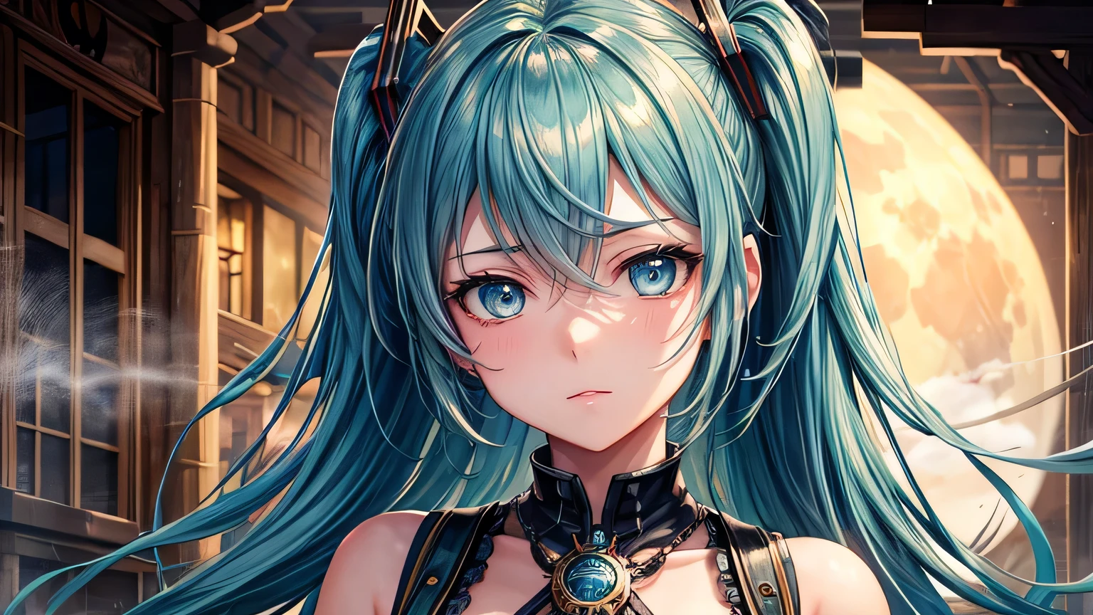 steampunk,Steampunk costume,steampunk gadgets,Hatsune Miku,Blue glowing moon,City of Steam,Medieval streetscape,fog,gear,Steam Clock,Ultra-high resolution, Accurate, Super detailed, Textured skin, High detail, highest quality, 8k,Thin bangs, Detailed Hair,Detailed eyes,Focus on the face,Steam balloon,