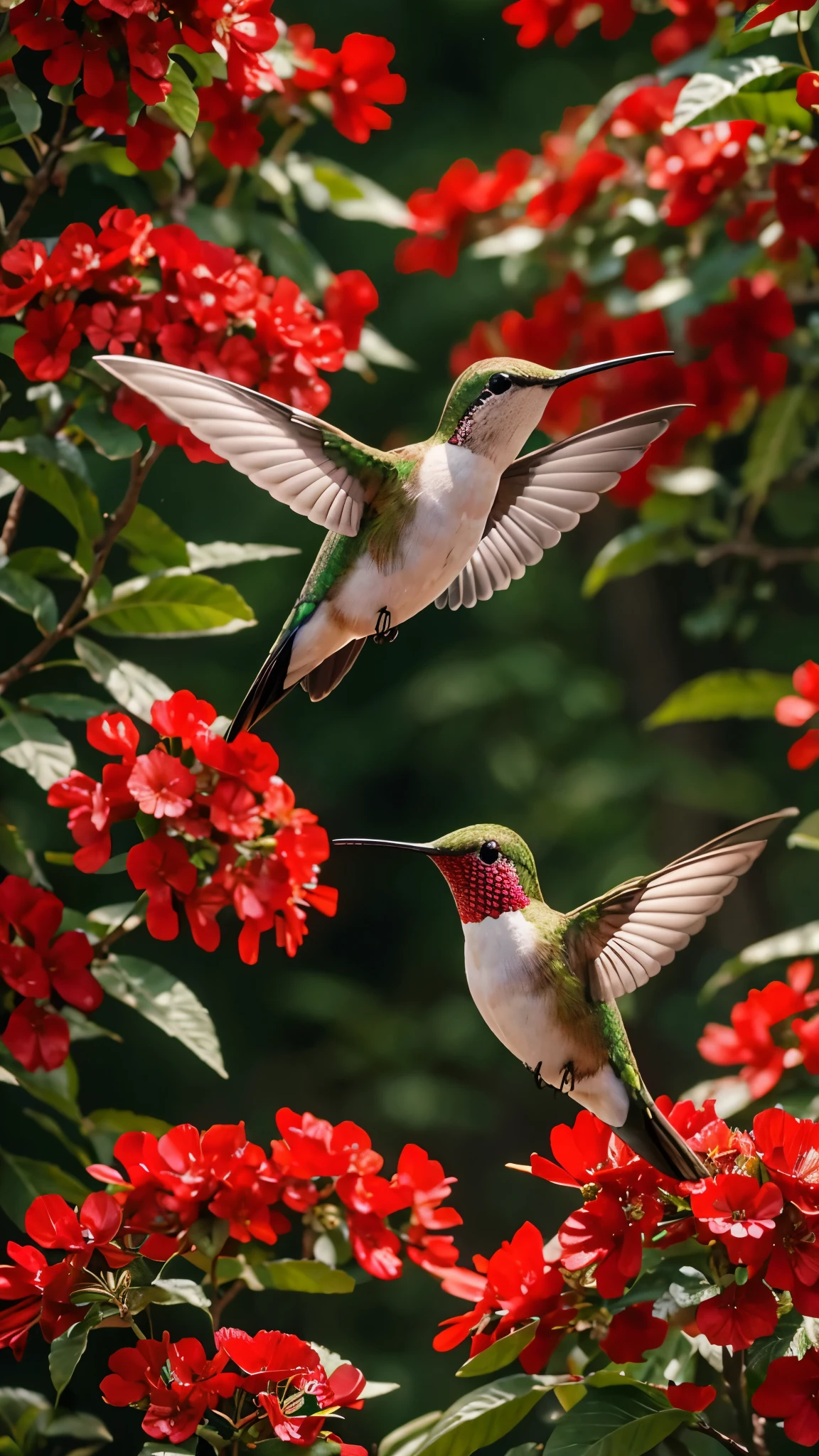 Beautiful hummingbird flying in a forest full of red flowers, highest quality 8k artwork 