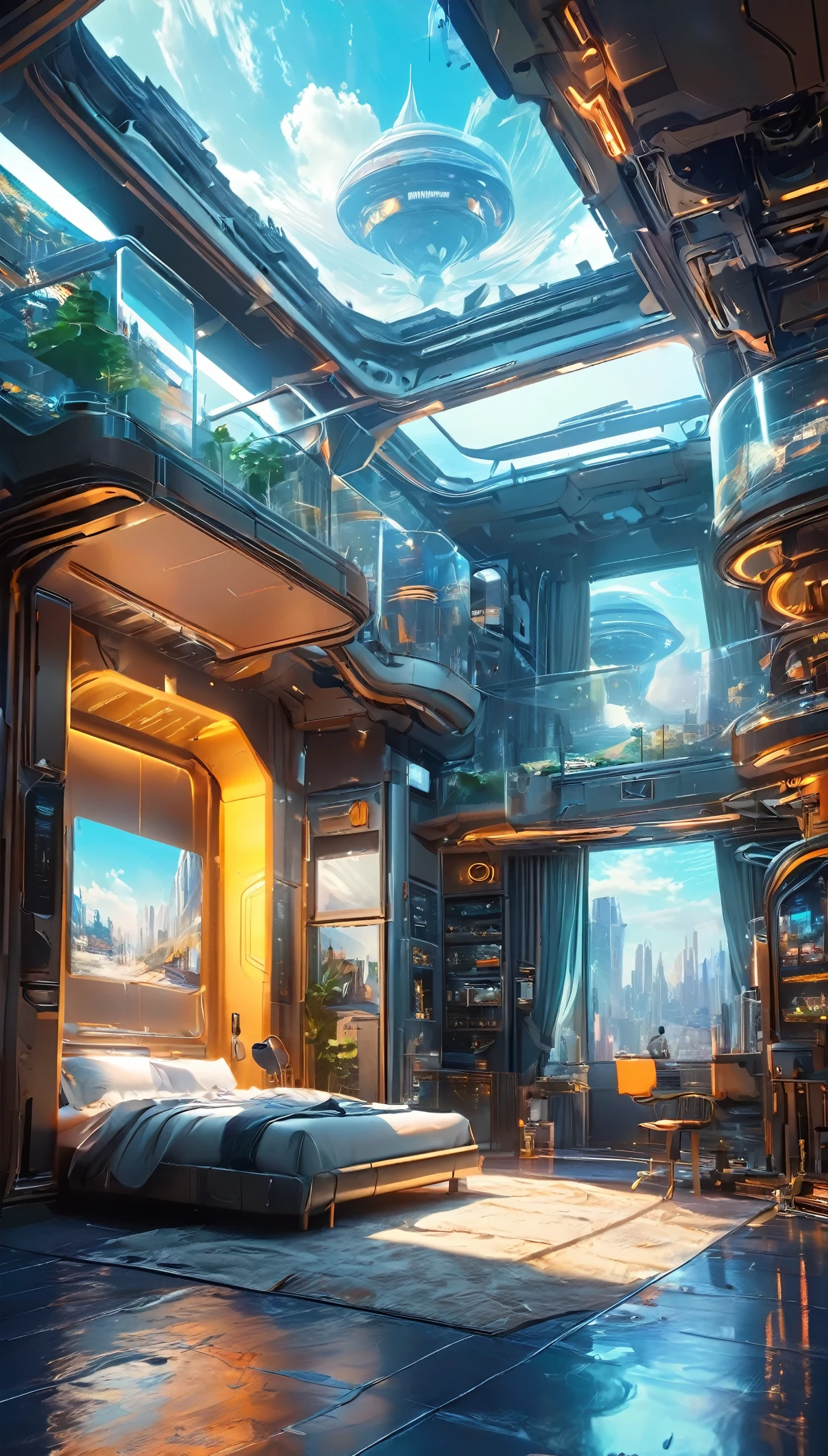 (masterpiece, best quality:1.3),masterpiece,best quality,hd,8k,super details,no human,science fiction,scenery,A bed,((futurism)),