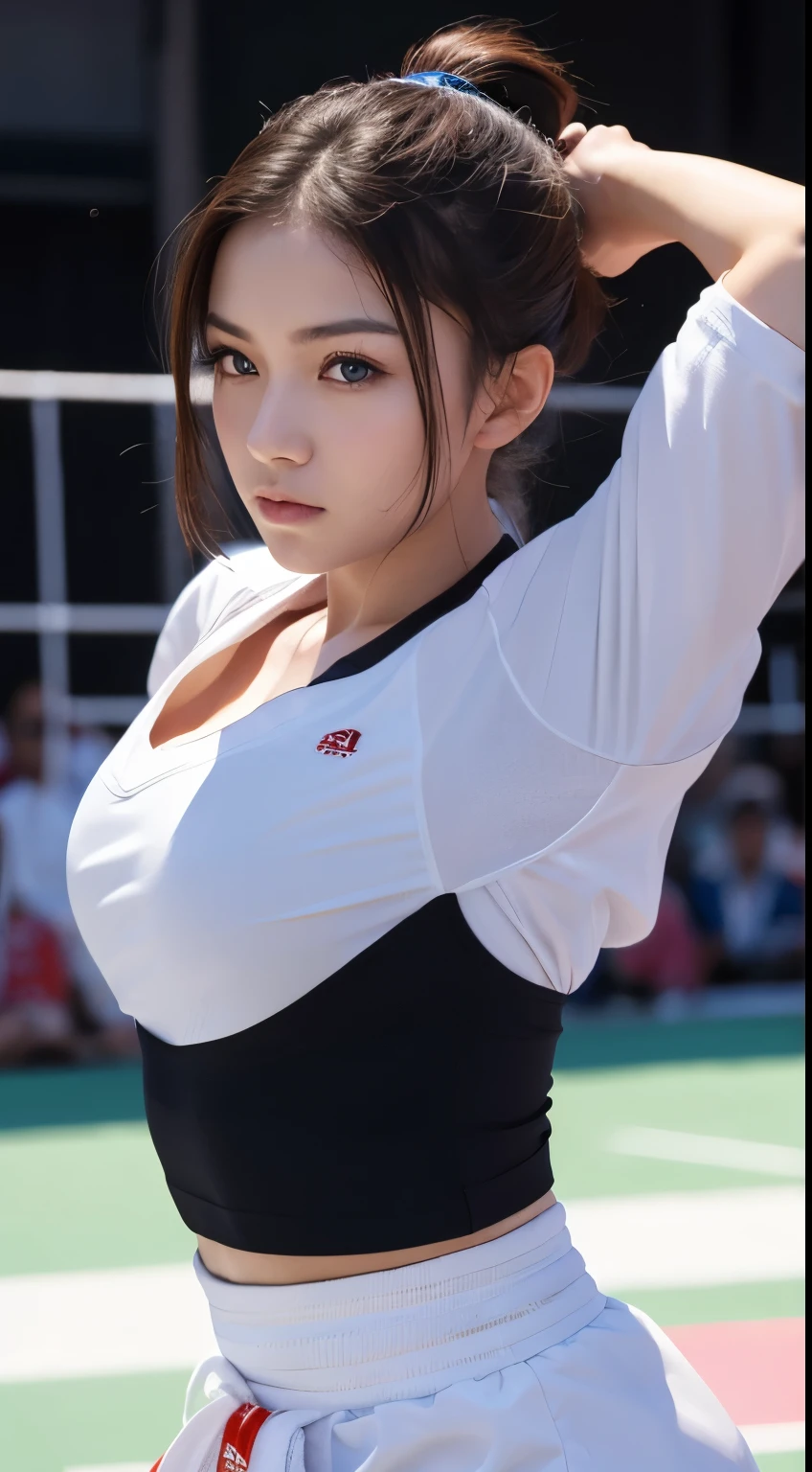 (RAW Photos:1.2), (Realistic), Beautiful detailed girl, Very detailed eyes and face, Beautiful and beautiful eyes, Large file size, High resolution, Very detailed, highest quality, [Tabletop:1.6], shape, Very detailed, The finer details, highest quality, 8K Dende Wallpaper, Cinema Lighting,Fighting arena in the background、20 year old slim and muscular woman, Female Fighter, Karate pose, Outdoor Martial Arts Tournament, hang on, Uniform, 彼女の柔Uniform, ponytail, Serious expression, The body is slim, Young Face, , Stadium