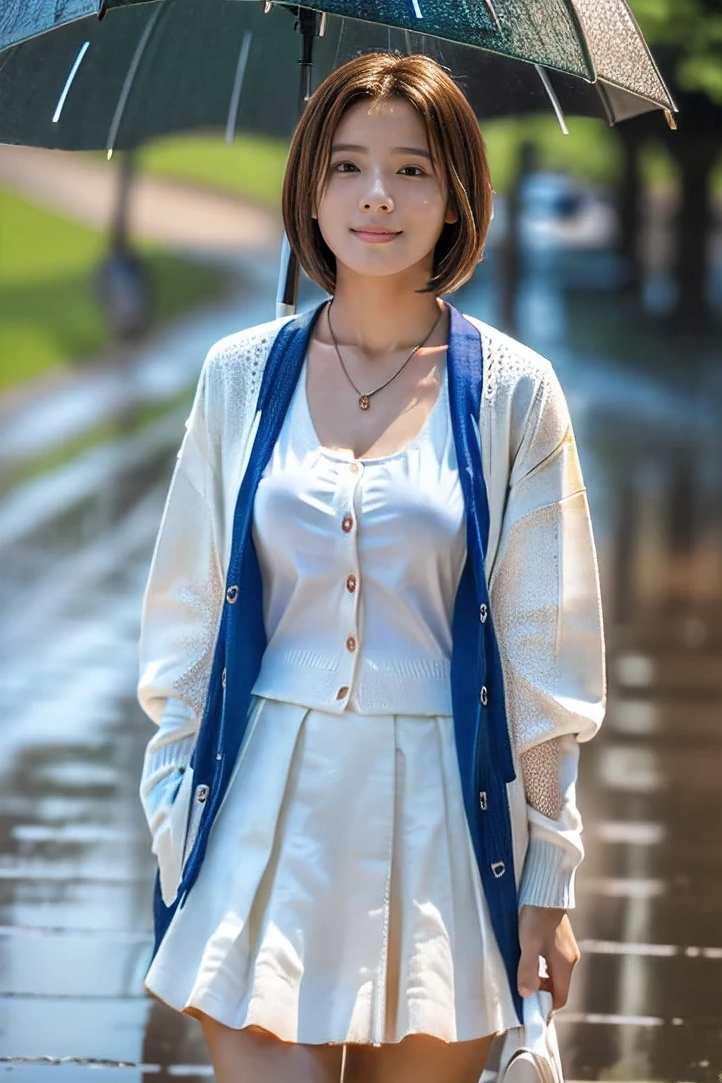 (An 18-year-old woman walking through the rain:1.5)、(Soaking wet:1.2)、(The best quality at its best:1.4), (Super detailed), (Very detailed CG unified 16k), Beautiful woman with perfect figure: 1.4, Sharp focus: 1.2, Very detailed, High-quality RAW color photos, Professional photography, Great face and eyes, cosmetics, (Amazingly beautiful girl), ((Summer Cardigan、White flared skirt:1.5)), Sexy posture，(View from below), Realistic movie faces, Wide zoomed out view of head to foot length, Full body long view, Realistic, ((Realistic natural orange red hairstyle, Realistic blue eyes)), ( Short Bob Hair:1.5), (necklace:1.5)、, Very beautiful face, Perfect model beauty, Mouth swelling, Highly detailed face and skin texture, Fine grain, double eyelid, Medium chest, smile, Crack, west, (masterpiece), highest quality, High resolution, Very detailed, Blurred Background, Depth of written boundary, Cinema Lighting, Great legs, , Clear, well-maintained skin, (((Women make up the majority of the photo)))