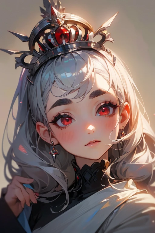 (highest quality, masterpiece:1.2), High resolution, Very detailed, Realistic:1.37, Fantasy, An illustration, Hair is whiteいです、Red eyes、Queen, dress.Platinum decoration、beautifully、Eyeshadow Red、Thick eyebrows、Long eyelashes、pupils are black、Hair is whiteい、Kissing Face、Embarrassing、Loved、ponytail、Hair is white、very cute、Shoulder Bare、platinum tiara、Beautiful hair ornaments、Silver Tiara、Sharpen the face、Adult female、Surprised face、