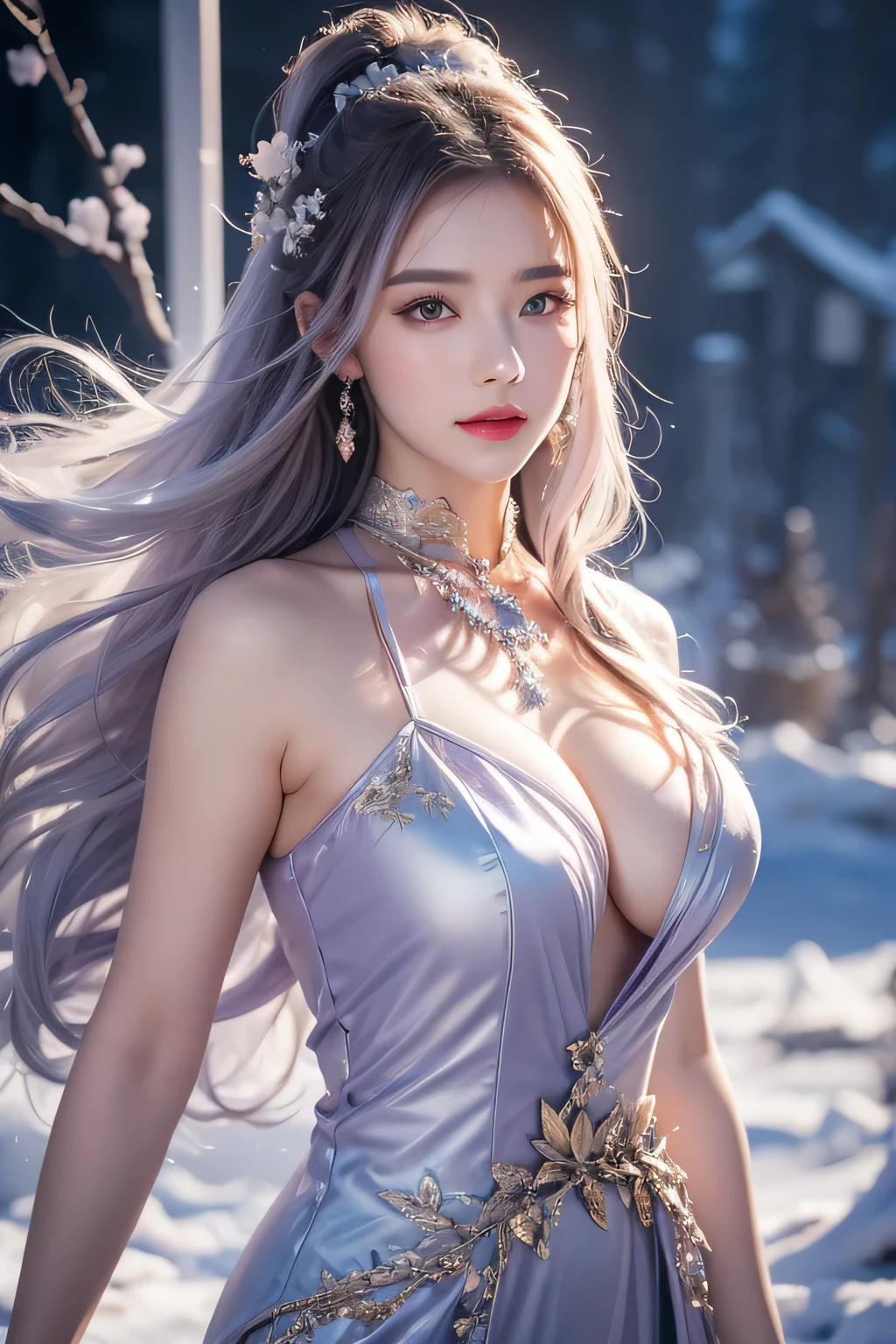 High-quality work,Realistic works,Super premium graphics,8K HD CG works,high quality graphics,High-definition and exquisite CG works,10x pixels,Ultra-fine details:1.1,Advanced technical details:1.1Realistic photo effects,Interior lighting effects:1.5,natural soft light:1.5. Light effect(Virtual light effects:1.8),Ultra-high resolution,shining dress,sliver long hair,silber hair,transparenthair,high detailed hair(Quality hair details:1.1)Clear eyes,Double eyelids look good,Sharp eye makeup, Create exquisite eyelash makeup, tthin eyebrows, Ultra-detailed eyes,a tall nose, lovely red lips, rosey cheeks, With delicate makeup on her face , pretty face, The face shape is perfectly proportioned,(Advanced facial details:1.1)Narrative poem、Particle Effects、Dynamic Effects、Depth of text、Cinematic Light、Lens flare、Ray Tracing)、Fantasy、(1 beauty、Light purple hair、Beautiful Face、Real Face、Detailed eyes、Beautiful Skin、woman dancing gracefully:1.7、woman dancing gracefully:1.7)、Hair fluttering in the wind、My hair is bouncing and dancing in the wind、Hair Jump、Light purple halter neck、Light purple leather pants suit、Light purple leather jacket、Silver Earrings、night、Wind、darkness、Snow and hoarfrost、Frozen Winter Day、snow-capped mountains and forests、hoarfrost、Snow-capped mountain々、The beauty and brilliance of frost-covered trees、Silent and beautiful grasslands in a world of ice and snow、vast land、Lakeside、Wonderful views、Beautiful natural wind scenery、Night Sky、Wind、cherry blossoms、cherry blossomsの花びらが舞っている、cherry blossoms snowstorm、Falling petals ,Women's artwork,Dress full body video,Reality,Amazing Cleavage,My eyes are very bright today