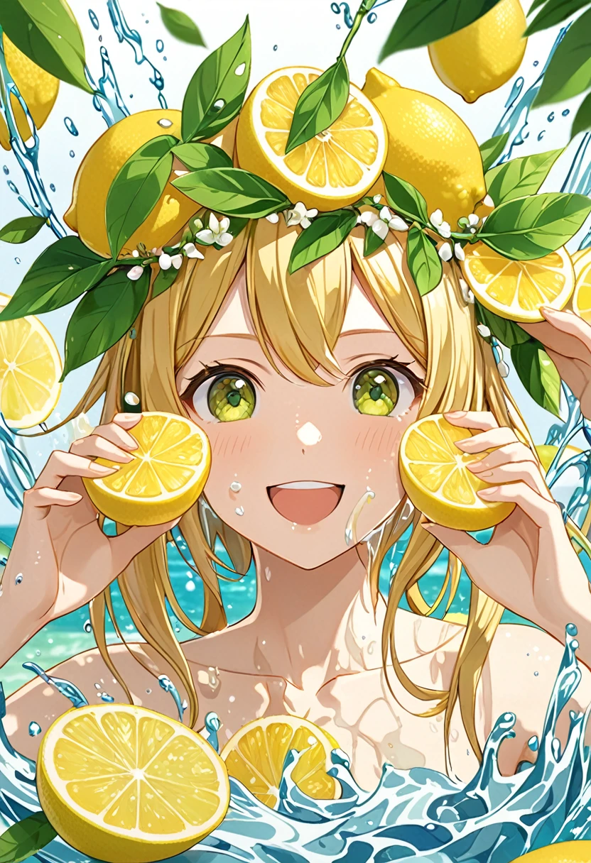 Painting of a girl with golden hair,Wearing a garland of leaves on the head, standing among many sliced lemons to take pictures, water splashing, cool and intricate, hands holding sliced lemons, eating slices, eating sliced lemons, sour expressions, happy and animated characters, close-up( Perfect anatomical structure )
Beauty and extremely fine texture,Detailed, bright, high-definition and high-quality presentation in animation style