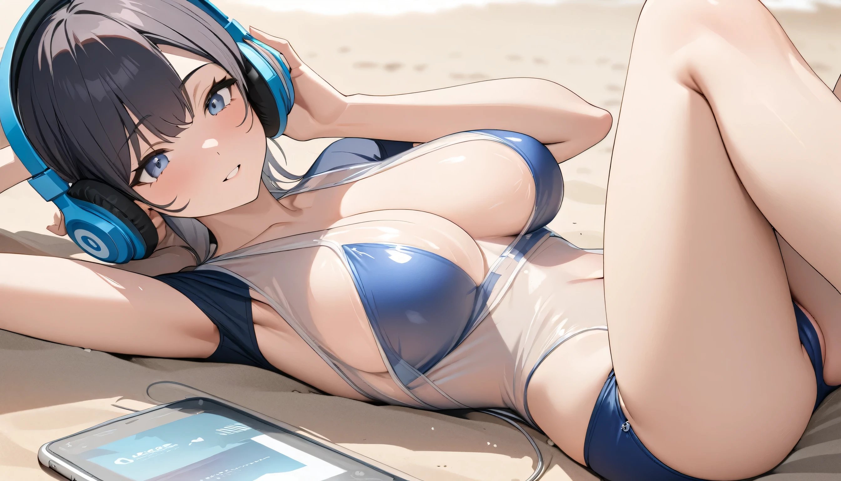 ((Top Quality)), ((Masterpiece)), ((Detail)), Perfect face, Perfact bodty, sitting on the beach, listening to music, wearing headphones, wearing swimsuits, swimsuits are transparent, legs open Sitting wide open, wearing tight clothing (yes, buttocks and breasts are exposed). I see a face.
