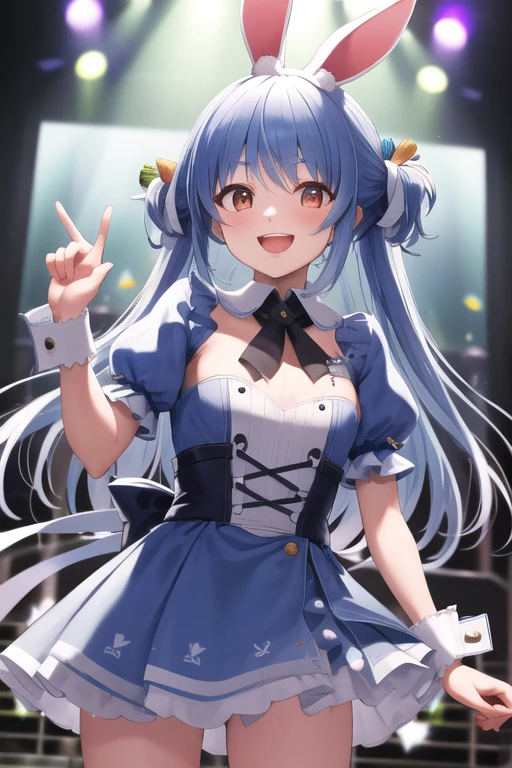 masterpiece, highest quality, High resolution, ,alone, Center of chest, Cowboy Shot, smile, Open your mouth, stage, Idol_dress,  Juliet Sleeve, Short sleeve, mini skirt, wave hands,Bunny ears、carrot in hair、The fingers of the hand５Book