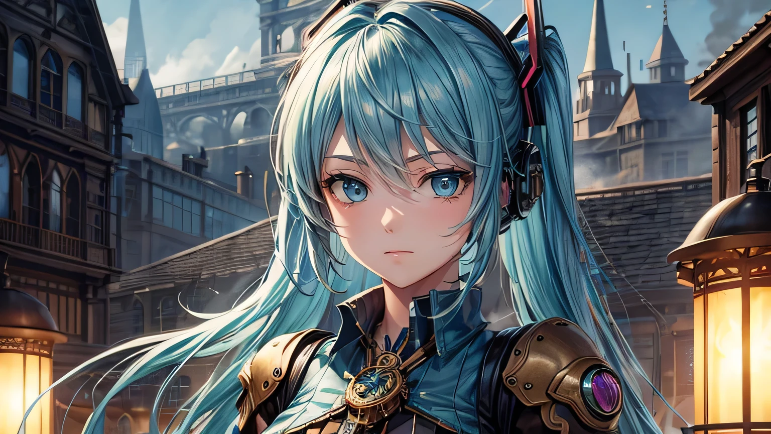 steampunk,Steampunk costume,steampunk gadgets,Hatsune Miku,Blue glowing moon,City of Steam,Medieval streetscape,fog,gear,Steam Clock,Ultra-high resolution, Accurate, Super detailed, Textured skin, High detail, highest quality, 8k,Thin bangs, Detailed Hair,Detailed eyes,Focus on the face,Steam balloon,