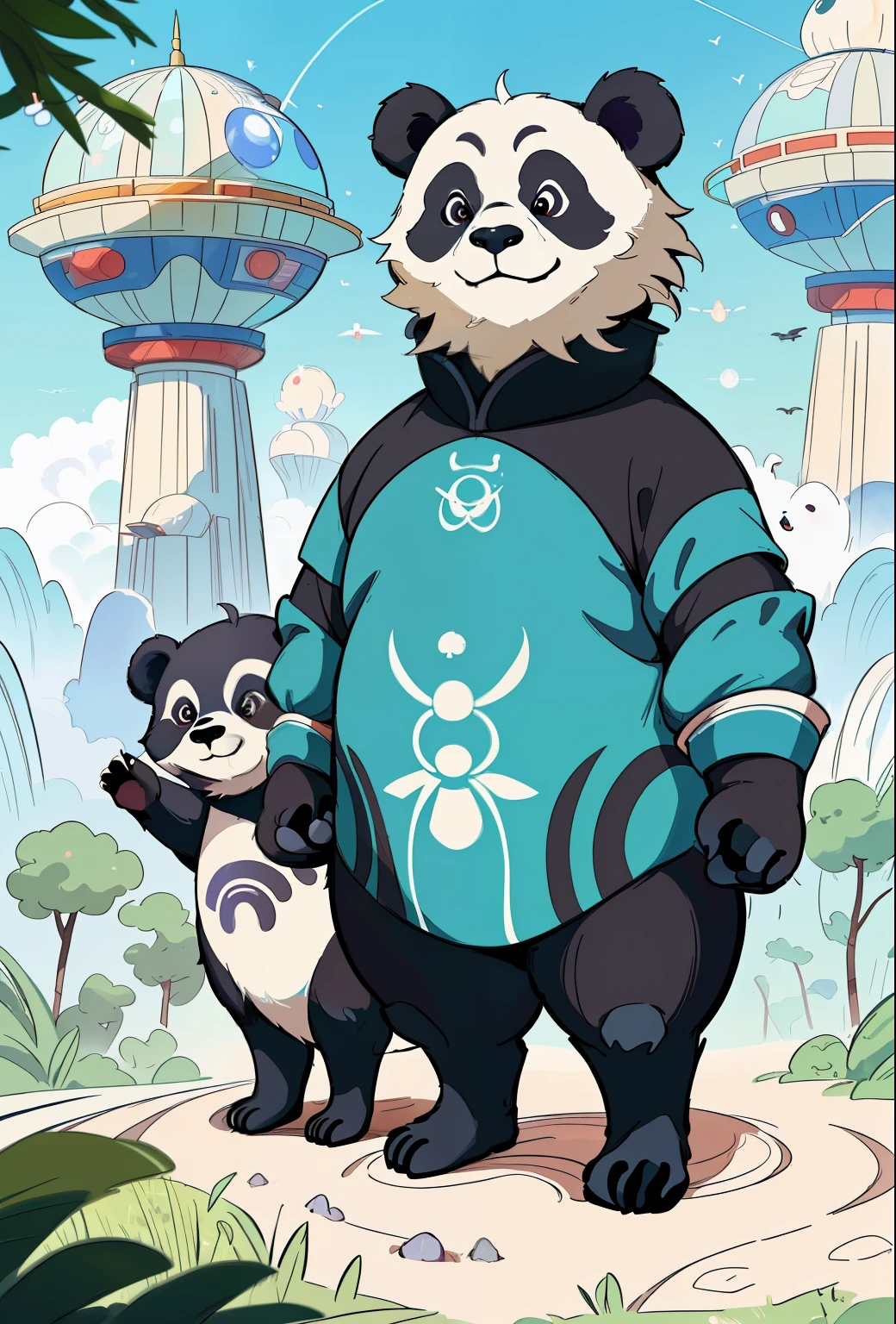 A majestic panda family standing in a mysterious atmosphere, embodying the technological splendor of the Star Trek universe, Dune, Star Wars, The panda bears are portrayed with a sense of power and mystery, surrounded by an aura of imperial technocracy. The scene is depicted with surrealistic elements, evoking a mystical and powerful presence. The image quality is (best quality,4k,8k,highres,masterpiece:1.2), ultra-detailed, (realistic,photorealistic,photo-realistic:1.37), with HDR, UHD, and vivid colors. The artwork is created in an illustrative style, capturing the essence of mankind's greatest visions of a utopian future