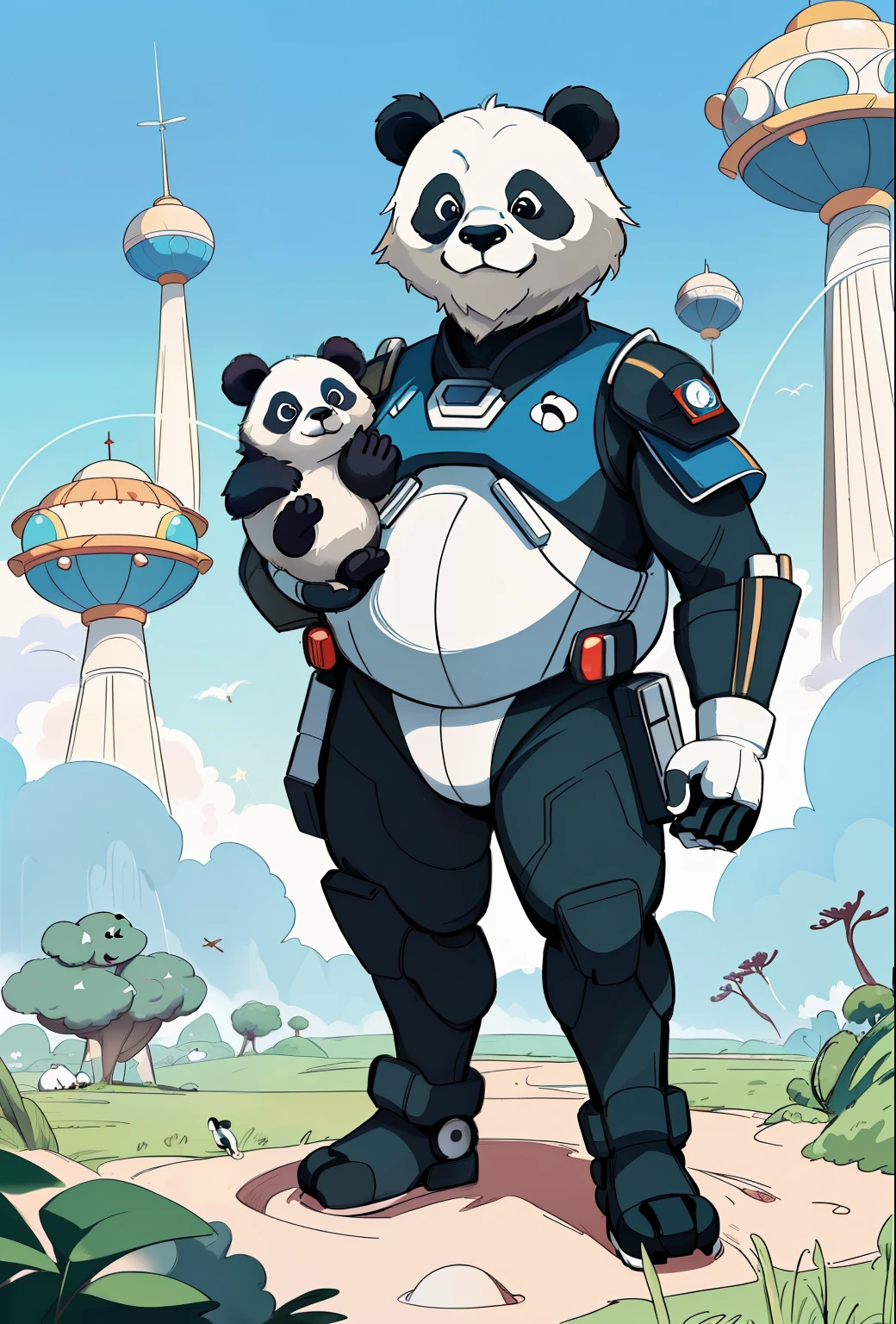 A majestic panda family standing in a mysterious atmosphere, embodying the technological splendor of the Star Trek universe, Dune, Star Wars, The panda bears are portrayed with a sense of power and mystery, surrounded by an aura of imperial technocracy. The scene is depicted with surrealistic elements, evoking a mystical and powerful presence. The image quality is (best quality,4k,8k,highres,masterpiece:1.2), ultra-detailed, (realistic,photorealistic,photo-realistic:1.37), with HDR, UHD, and vivid colors. The artwork is created in an illustrative style, capturing the essence of mankind's greatest visions of a utopian future