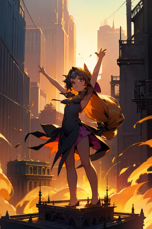 A beautiful girl raises her arms in a burning miniature city