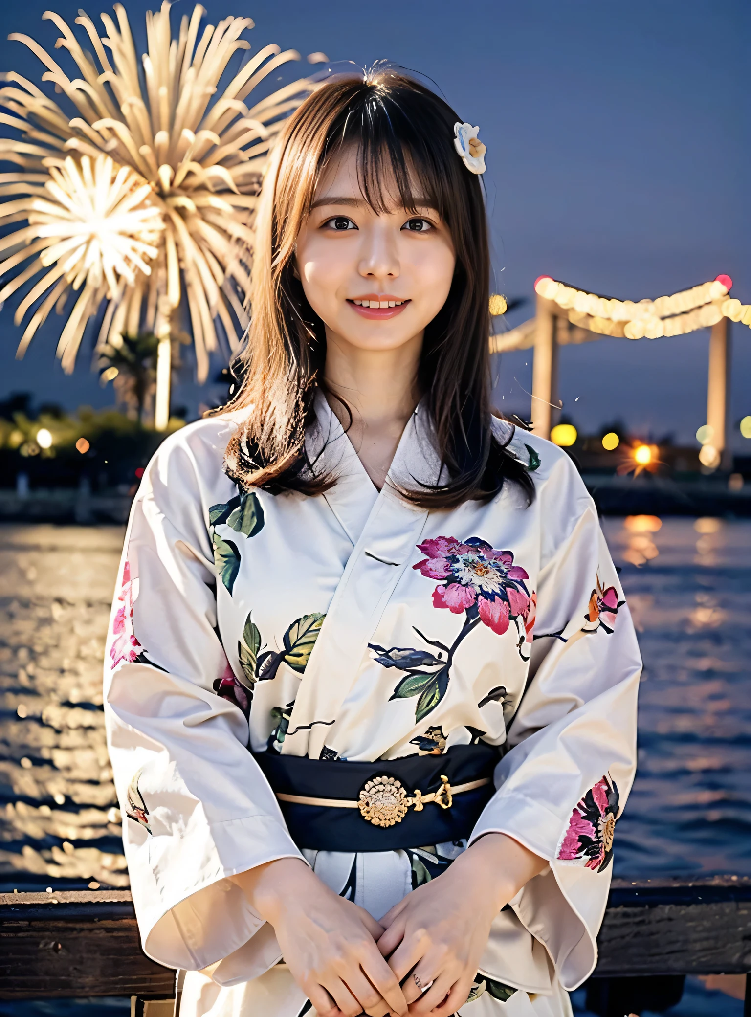 Cute hair accessories for bun hairstyles、Dark beige hair color、(Fireworks over the sea、歯の見えるA lovely smile、Fireworks fly over the port town、Fireworks at night:1.4).Traditional Japanese sky blue yukata with pink floral pattern、I'm at the seaside fireworks festival.、Cute hair accessories、Wearing a cute yukata 、Fireworks display at night、illumination、Background Blur、Braid only the front hair、Light brown hair、{{Cowgirl Shot}}、((Large breasts:1.4))、Breast swelling、Large breasts、Smile、Large breasts that can be seen even through the yukata、Braid only the front hair、Wearing a yukata elegantly、A lovely smile、((I'm at the Minatomachi Fireworks Festival.))、Full body photo、ring、High-class yukata、Tuck your hair behind one ear、Silver Necklace、smile、 Elegant ponytail、Caustics、Highly detailed photos、Very beautiful and ideal short hair、Large breasts、Super no makeup、(8k、RAW Photos、highest quality、masterpiece:1.2)、(Realistic、Realistic)、1 girl、((Medium Short Hair、Looking into the camera:1.4))、Hair blowing in the wind