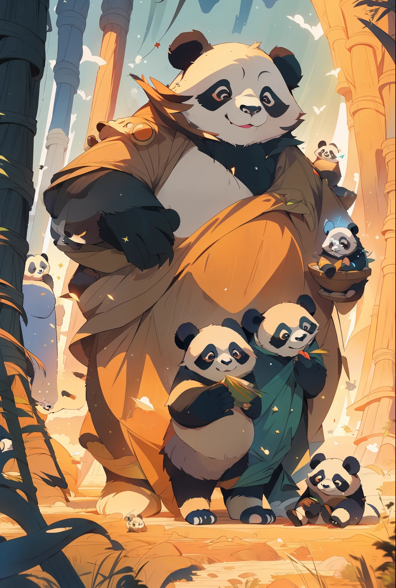 A majestic panda family standing in a mysterious atmosphere, embodying the technological splendor of the Star Trek universe, Dune, Star Wars, The panda bears are portrayed with a sense of power and mystery, surrounded by an aura of imperial technocracy. The scene is depicted with surrealistic elements, evoking a mystical and powerful presence. The image quality is (best quality,4k,8k,highres,masterpiece:1.2), ultra-detailed, (realistic,photorealistic,photo-realistic:1.37), with HDR, UHD, and vivid colors. The artwork is created in an illustrative style, capturing the essence of mankind's greatest visions of a utopian future