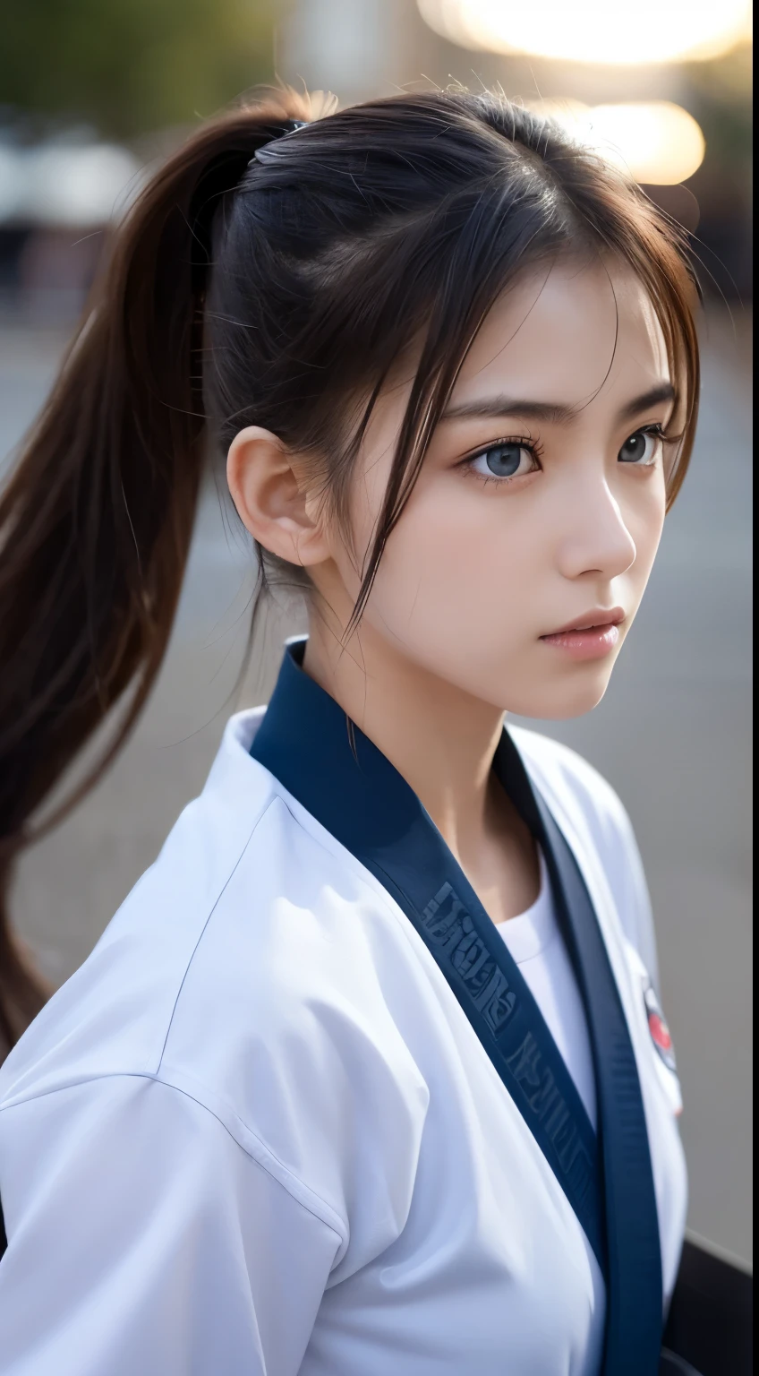 (RAW Photos:1.2), (Realistic), Beautiful detailed girl, Very detailed eyes and face, Beautiful and beautiful eyes, Large file size, High resolution, Very detailed, highest quality, [Tabletop:1.6], shape, Very detailed, The finer details, highest quality, 8K Dende Wallpaper, Cinema Lighting,Fighting arena in the background、20 year old slim and muscular woman, Female Fighter, Karate pose, Outdoor Martial Arts Tournament, hang on, Uniform, 彼女の柔Uniform, ponytail, Serious expression, The body is slim, Young Face, , Stadium