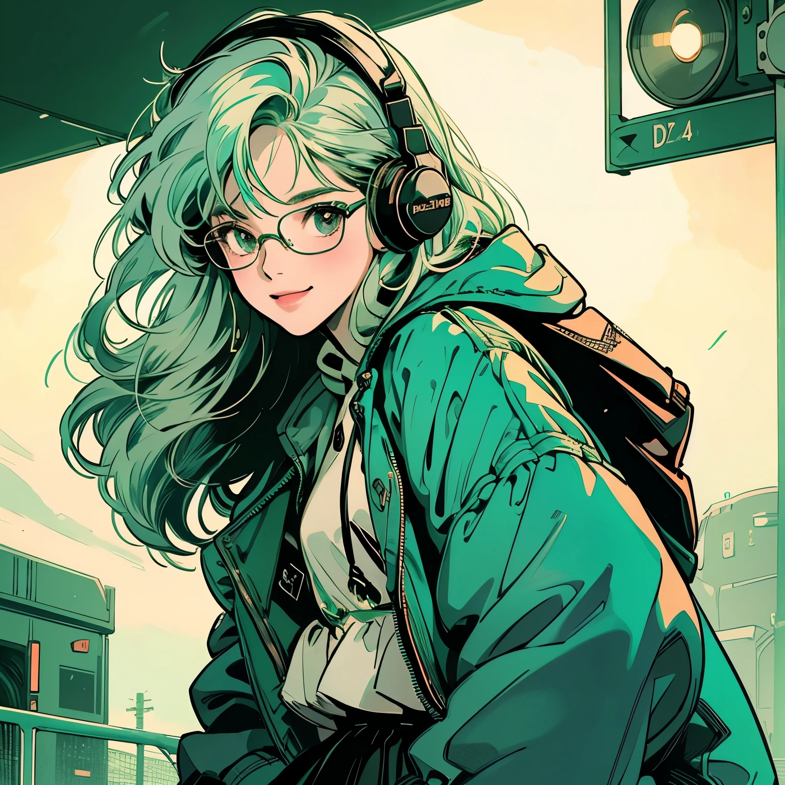 whole body、Kind Face、1 pretty woman、Hooded parka、skirt、pedestrian crossing、Signal 、intersection、Complex background、smile、Pale green hair、Wearing glasses、Faint lighting、Wearing headphones