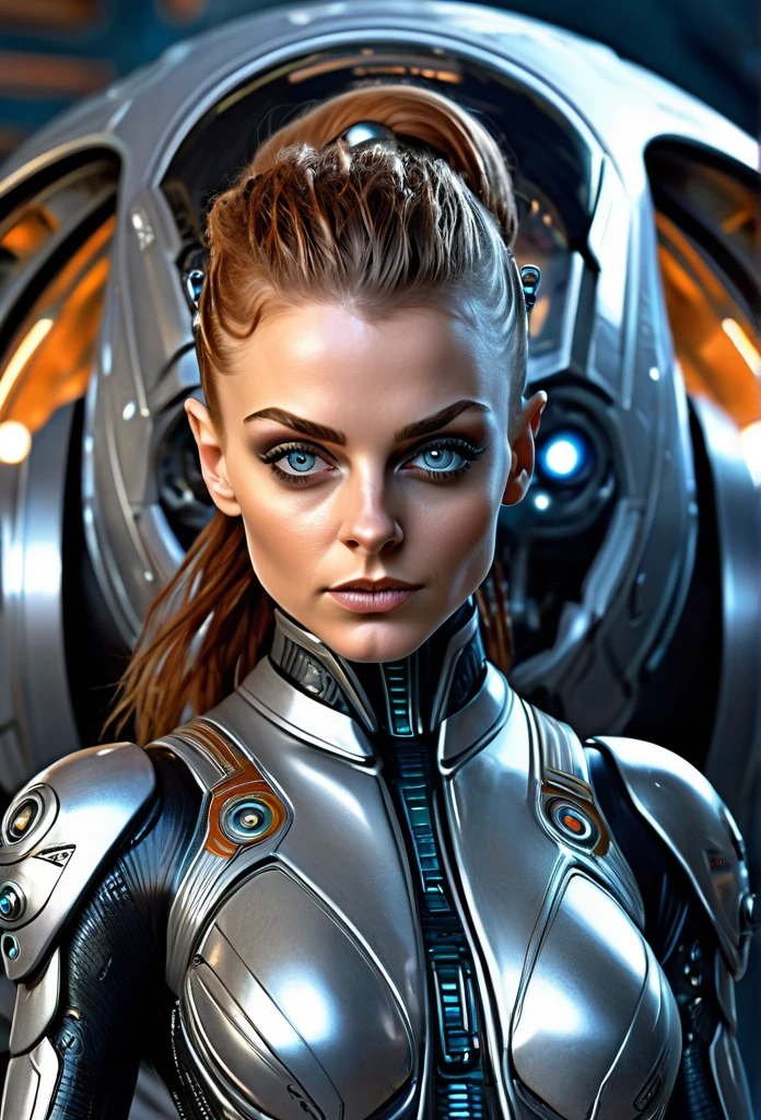 Beautifu Female Fifth Element Alien [Mila Kunis:Maude Adams:0.45] in a portrait pose donning a Hightech Mecha Body Suite, Getting out the spaceship, confident naughty smirk, detailed face, detailed hair, insanely intricate details, realistic style