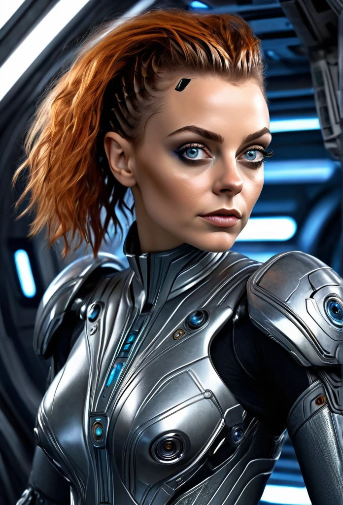 Beautifu Female Fifth Element Alien [Mila Kunis:Maude Adams:0.45] in a portrait pose donning a Hightech Mecha Body Suite, Getting out the spaceship, confident naughty smirk, detailed face, detailed hair, insanely intricate details, realistic style