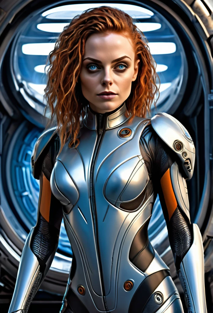 Beautifu Female Fifth Element Alien [Mila Kunis:Maude Adams:0.45] in a portrait pose donning a Hightech Mecha Body Suite, Getting out the spaceship, confident naughty smirk, detailed face, detailed hair, insanely intricate details, realistic style