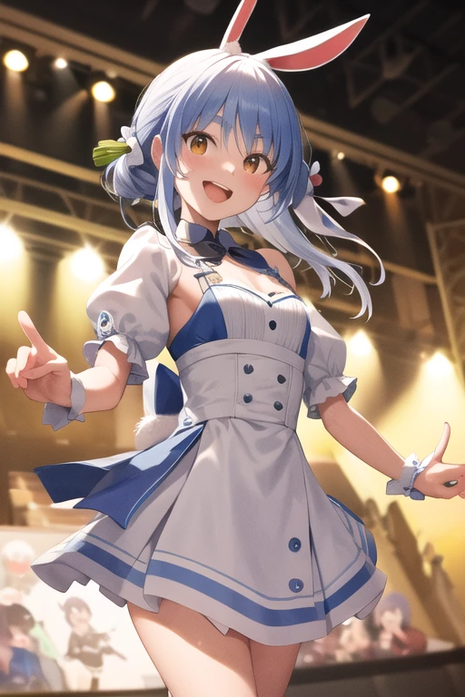 masterpiece, highest quality, High resolution, ,alone, Center of chest, Cowboy Shot, smile, Open your mouth, stage, Idol_dress, Juliet Sleeve, Short sleeve, mini skirt, wave hands,Bunny ears、Hair carrot、finger5Book