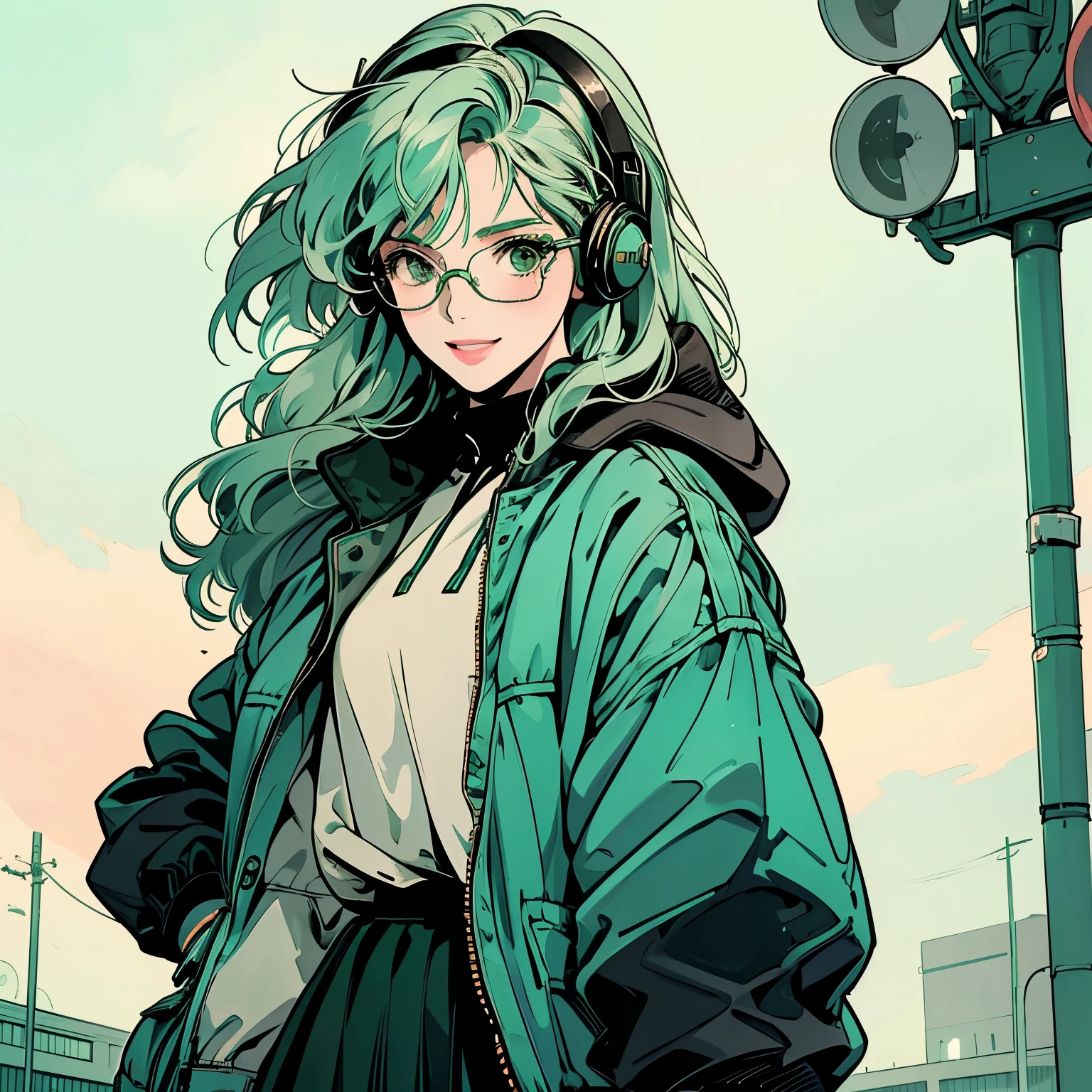 whole body、Kind Face、1 pretty woman、Hooded parka、skirt、pedestrian crossing、Signal 、intersection、Complex background、smile、Pale green hair、Wearing glasses、Faint lighting、Wearing headphones