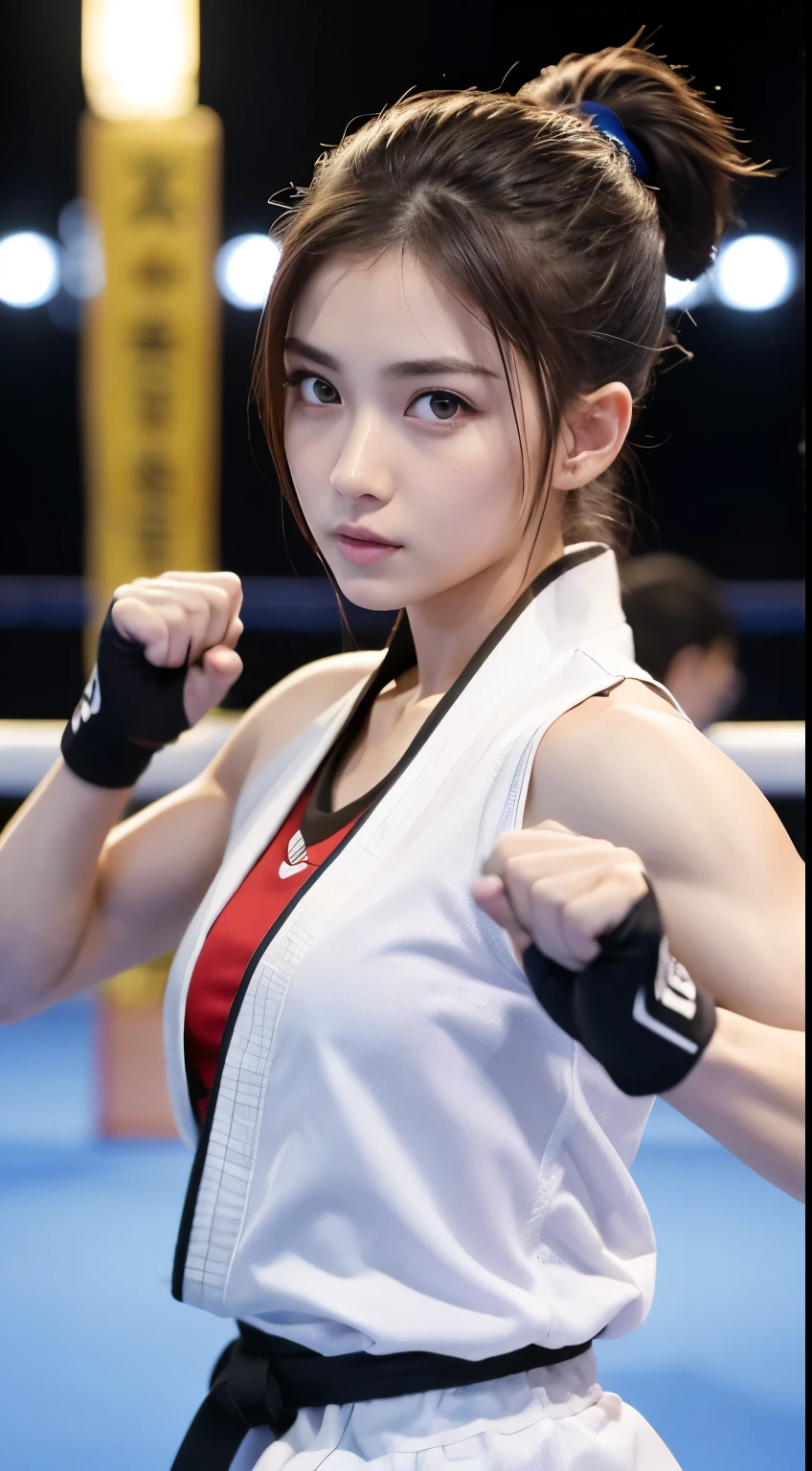(RAW Photos:1.2), (Realistic), Beautiful detailed girl, Very detailed eyes and face, Beautiful and beautiful eyes, Large file size, High resolution, Very detailed, highest quality, [Tabletop:1.6], shape, Very detailed, The finer details, highest quality, 8K Dende Wallpaper, Cinema Lighting,Fighting arena in the background、20 year old slim and muscular woman, Female Fighter, Karate pose, Outdoor Martial Arts Tournament, hang on, Uniform, 彼女の柔Uniform, ponytail, Serious expression, The body is slim, Young Face, , Stadium