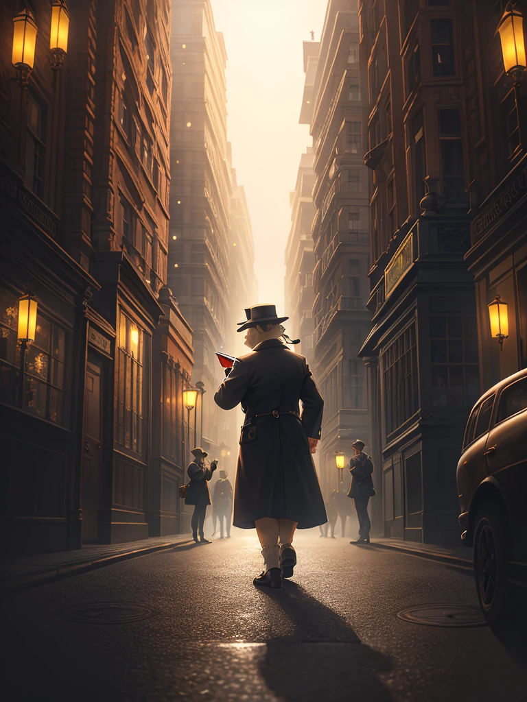 (Extreme Perspective:0.75) , Depth and foreground  , rule of thirds , old Cine Lenses , Bokeh , realistic hairy fur , round face , round eyes , Swollen cheeks , hair ties , 1900s Foggy London city , Sherlock Holmes style movie , Detective woman and Journalist boy , (emerge from the shadows:1.2) , look at away , (peeping out scene) 