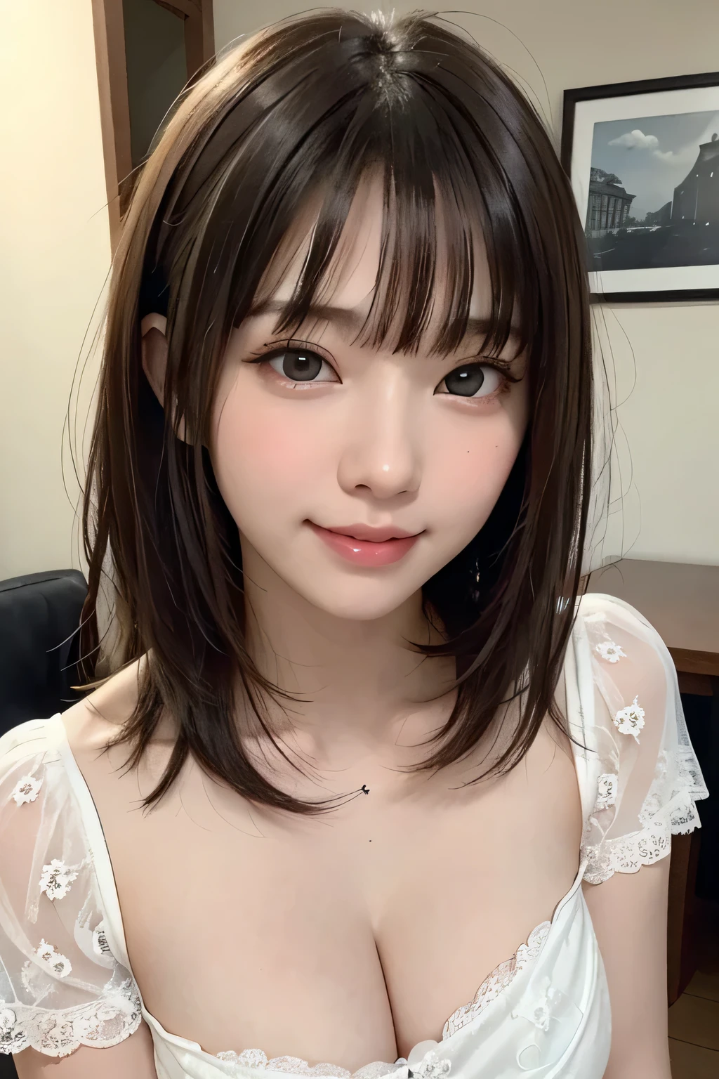 brightexpression、photorealistic stick:1.32、highest quality、超A high resolution、Photos of the most beautiful Japan girls、cute and beautiful face details、small face、(Pueros face_V1:0.008)、Beautiful bangs、、Brilliant white skin、hair gets tangled in face、Bangs that reach down to the face、bangs、hair between eyes、super long hair、charming brown silky hair、bright、Clear light blue eyes shine charmingly、ample breasts、Dynamic poses highest quality、disorganized、((the cutest girl in the world))、Japanese、14 years oldlace dress:1.3))、(half up hair:1.3)、(tie with a thin ribbon)、nice and cute、innocent smile、nice smile、cleavage、(big breasts:1.3)、ponytail、brown hair、thin waist、detailed beautiful eyes、face forward、Upper body、close up of face、Front view、