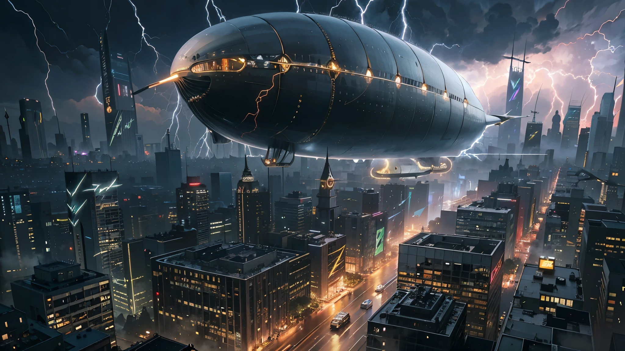 a chaotic futuristic city skyline on a cloudy, misty evening, with a massive zeppelin flying overhead, surrounded by towering skyscrapers, bustling with activity and vibrant lights, dark alleyways, puddles, and a dreamlike, beautiful yet dystopian atmosphere, (lightning:1.5), (a giant zeppelin flying in the sky:1.5), extremely detailed, high quality, 8K, high resolution, photorealistic