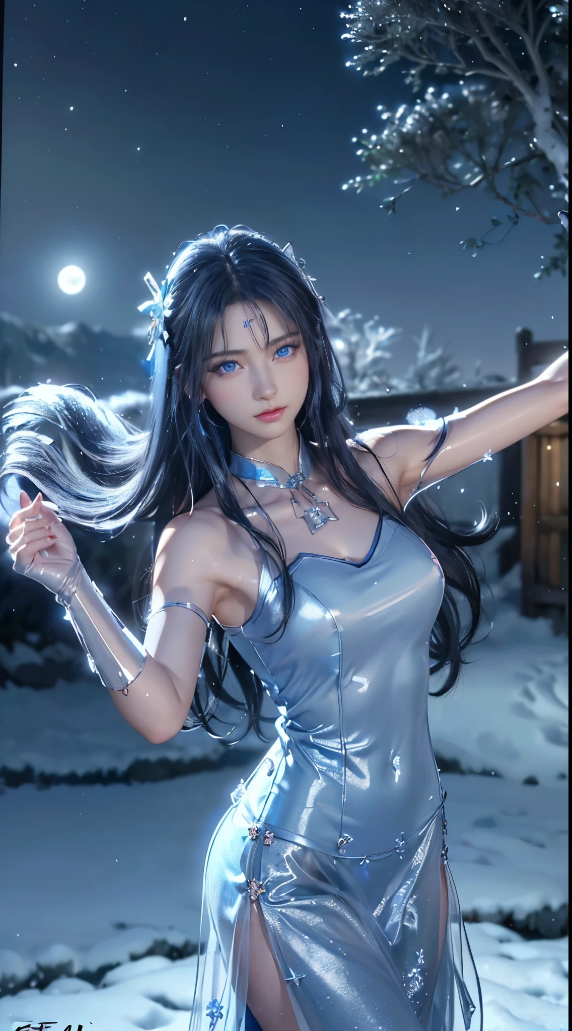 (logo, masterpiece, 8k, Tabletop, RAW Photos, wonderful, 最high quality, Photorealistic and hVery detailed CG integrated 8k wallpaper, high quality, Very detailed, Narrative poem, Particle Effects, Dynamic Effects, Written boundary depth, Cinematic Light, Lens flare, Ray Tracing)), Fantasy, ((1. Beautiful Women, Clear blue eyes, 赤いLong Hair, Beautiful Face, True Face, Beautiful fine details, Beautiful Skin, Graceful dancing woman:1.7, Graceful dancing woman:1.7)), 長い赤い髪がWindでなびく, Long red hair bouncing, 長い赤い髪がWindで踊る, Hair bounces, jewelry, tattoo, Hanfu, Chinese Fairy, Taoist Uniform, Silver earrings, ((night, Wind, darkness, full moon, night空, 雪とFrost, A very cold winter day, Snow Capped Mountainや森, Frost, Snow Capped Mountain々, Frostに覆われた木々The beauty and brilliance of, The tranquility and beauty of a world of ice and snow)), Hip Up, Beautiful Eyes, Long Hair, Ring-shaped eyes