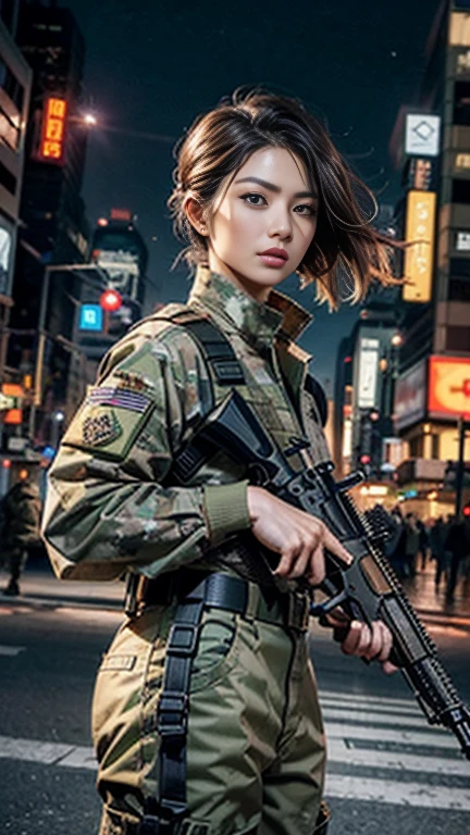 (8k, Official Art、CG)、Beautiful and aesthetic、Charm, Very detailed, A female soldier in army green camouflage uniform holding a rifle、((Delicate face、Detailed eyes and face、double eyelid))、Red lipature adult woman、Dark brown updo、pants、boots、Very detailed衣装、(((He has a rifle.、Holding a rifle)))、Strength and charisma. City night view, She is standing on a street lined with skyscrapers. The night view of the city is bright, Add a touch of technology.Neon lights etc. , High-tech equipment and architectural design.  This ultra-high resolution, Top quality images bring you great visual enjoyment, Dramatic lighting, Award-winning quality