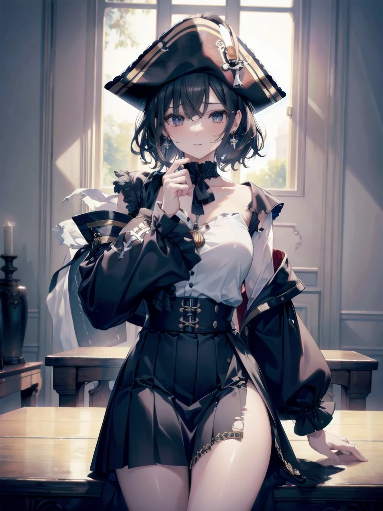 absurdres, RAW photo, extremely delicate and beautiful, masterpiece, Best Quality, ultra high resolution, 32k, hyperrealistic, ultra-detailed, perfect figure, tearful mole, earring, whole body shot, short medium hair, wavy hair, Practical pirate clothing, Long-sleeved pirate top, Skirt,Torn pirate hat, 