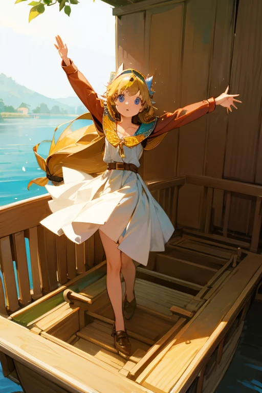 A beautiful girl raising her arms to a miniature boat