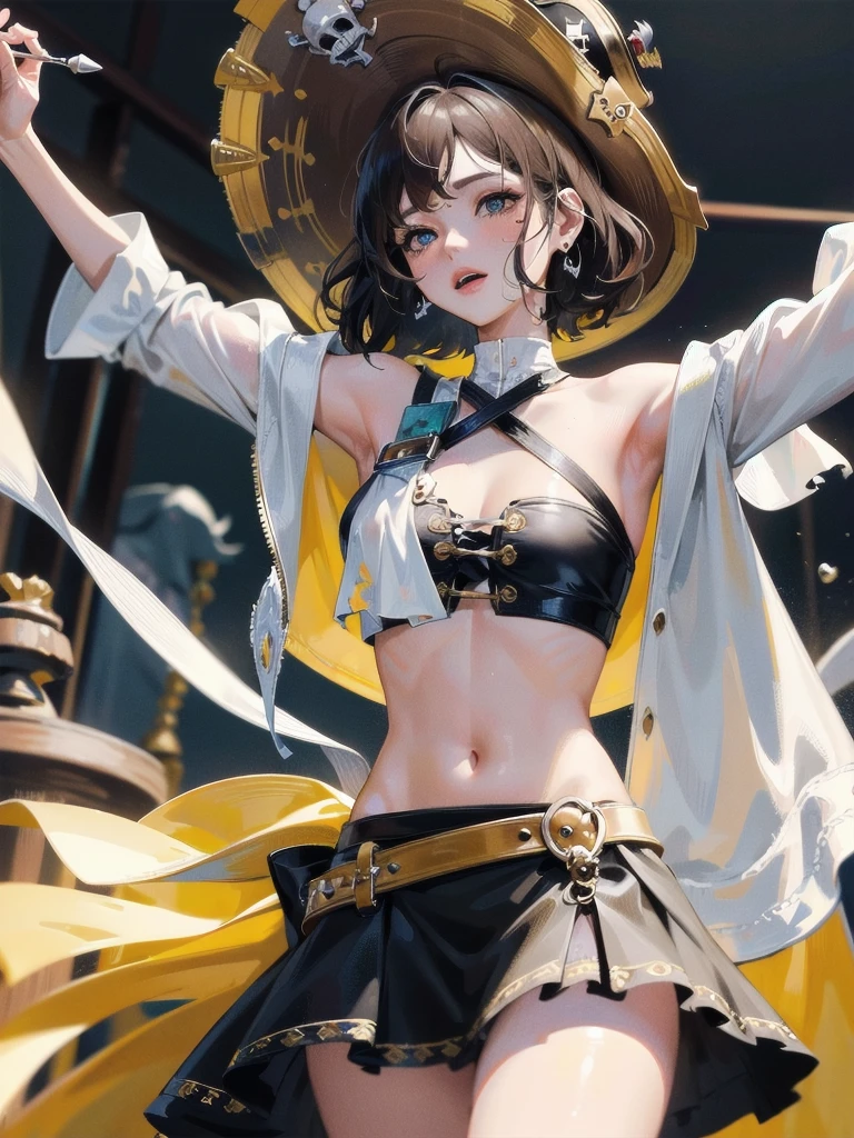 absurdres, RAW photo, extremely delicate and beautiful, masterpiece, Best Quality, ultra high resolution, 32k, hyperrealistic, ultra-detailed, perfect figure, tearful mole, earring, whole body shot, short medium hair, wavy hair, Practical pirate clothing, Long-sleeved pirate top, Skirt,Torn pirate hat,