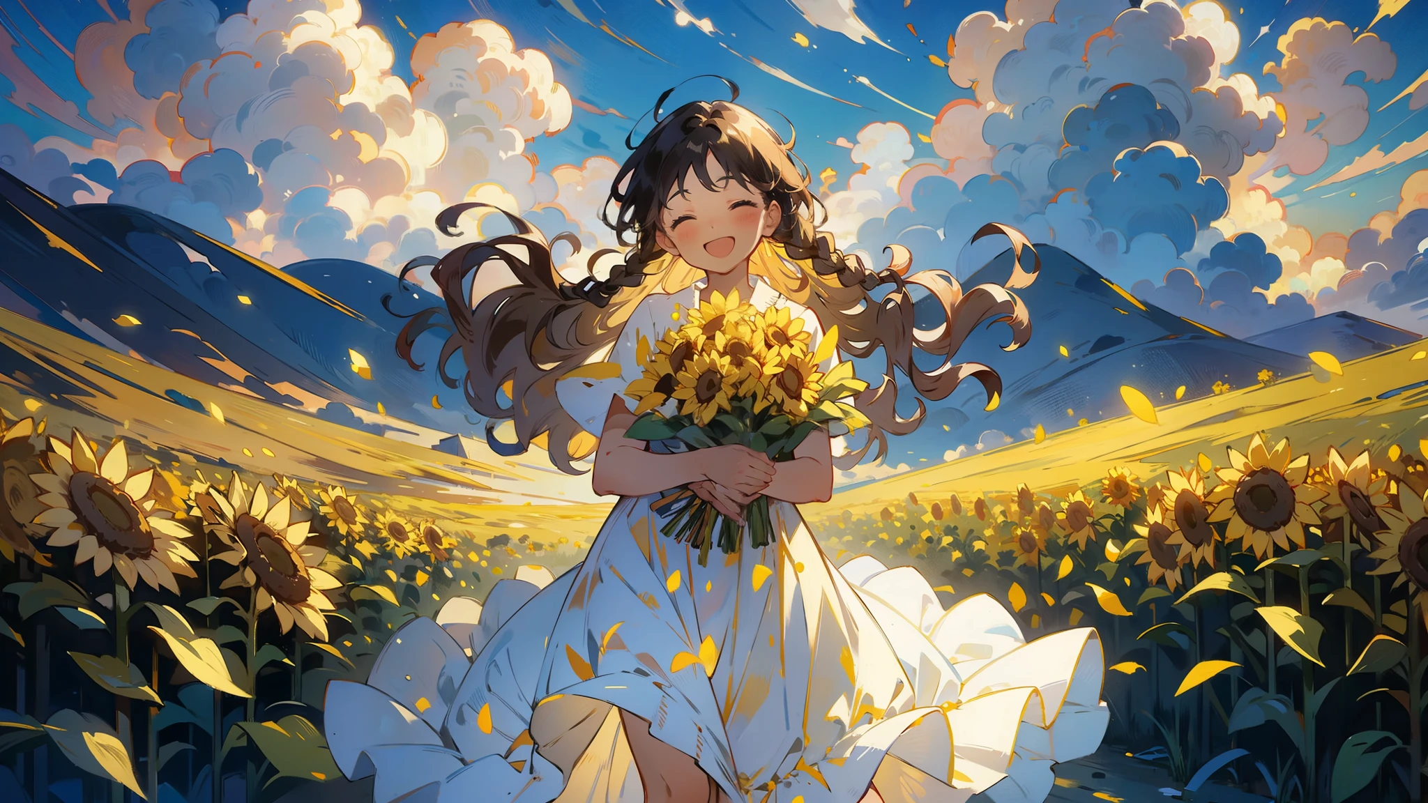 a woman wearing a have holding a flower bouquet of flowers walking in front of a background of bright yellow flowers with grass in the background, 1 girl, have, alone, dress, closed my eyes, long hair, flower, smile, null, Braid, straw have, open your mouth, white dress, flower bouquet, brown hair, holding, flower petals, outdoor, twin Braids, cloud, Face-to-face audience, yellow flower, blue null, sunflower