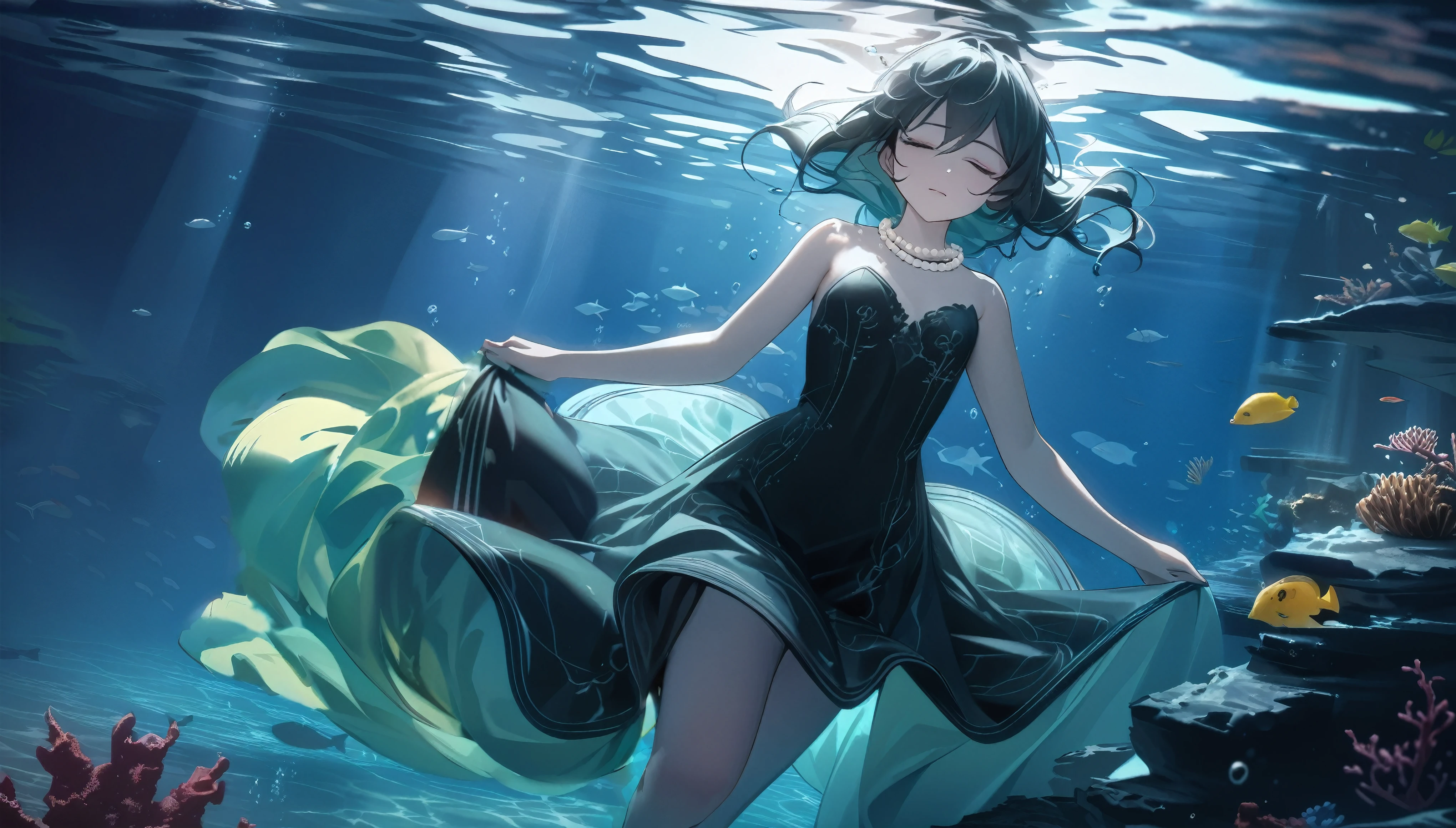 (Dramatic angle,Dynamic angle), (best quality,4k,8k,highres,masterpiece:1.2), (Hatsune Miku:1.1), (solo:1.1), (young little girl), (alone), (small breasts), eyes closed, original photo, Atmospheric distance perception, Aesthetic, complex, won, cybernetic enhancement, chiaroscuro, best quality, Detailed background, (underwater atmosphere:1.2), (long silk black Fishtail dress, detailed dress, floating dress, best wrinkle, best shadow, best light:1.2), (underwater), sinking deep, swirling around, dark waters, cold and unforgiving, eyes closed, lost in the depths, hair splayed, floating like seaweed, corals silent, fish swimming by, unaware, pearls around her neck, glinting faintly, a serene face, a tranquil pose, a tragic beauty, a haunting scene, a story of the sea, a digital lament, a poignant moment, a final dance, a farewell to the world, a haunting melody, a memory that lingers.