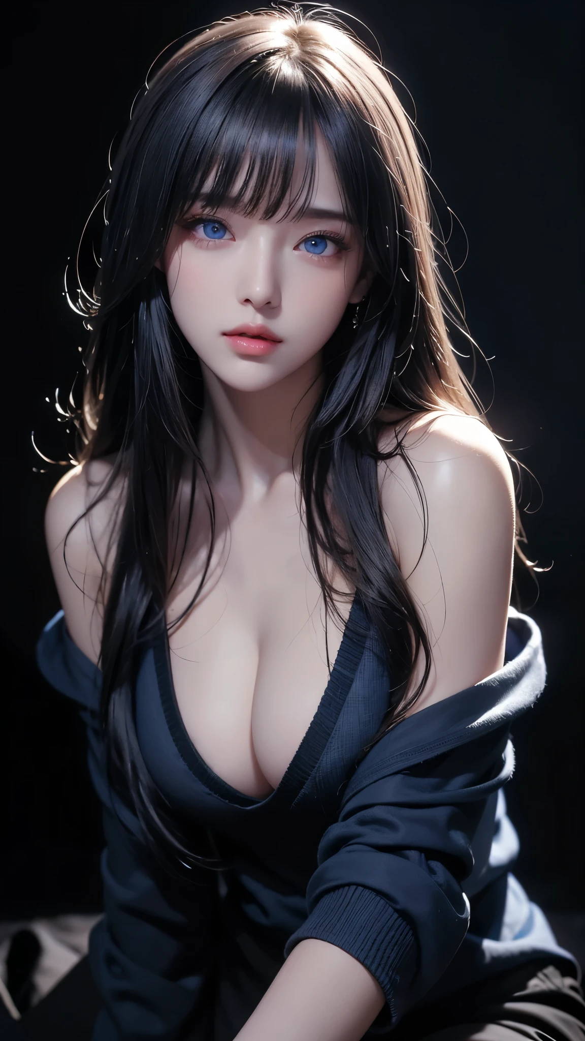 masterpiece, highest quality, Super detailed, Facing the camera, 複雑に詳細なSuper detailed, Realistic, Sharp features, Very detailed, Sharp focus, Perfect Face, Perfect Face, Perfect symmetrical perfect eyes, Perfect Plump Lips, Flexible female form, Cinematic, Film Light, Super detailed, hyper Realistic, masterpiece, Atmospheric, High resolution, Vibrant, Dynamic Studio Lighting, ((Dark Background)), The expression when enduring pleasure, Straight bangs, blue eyes,Black sweater, Cowboy Shot,The cleavage is visible、first round、Sexually aroused expression