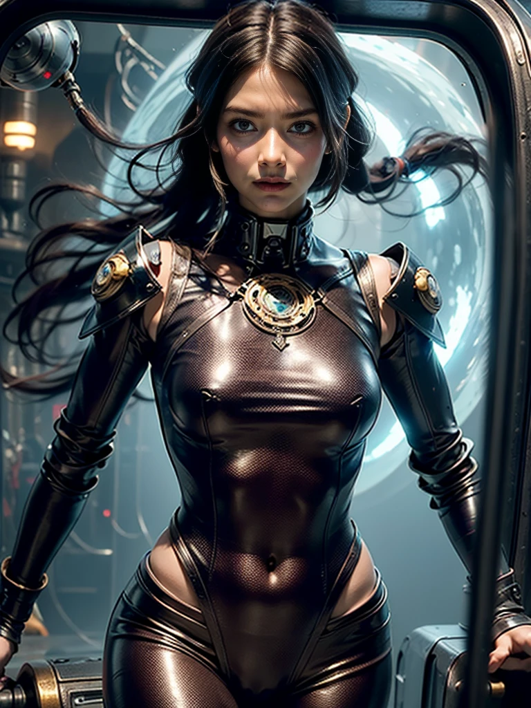 Beautifu Female Fifth Element Alien [Mila Kunis:Maude Adams:0.45] in a portrait pose donning a Hightech Mecha Body Suite, Getting out the spaceship, confident naughty smirk, detailed face, detailed hair, insanely intricate details, realistic style