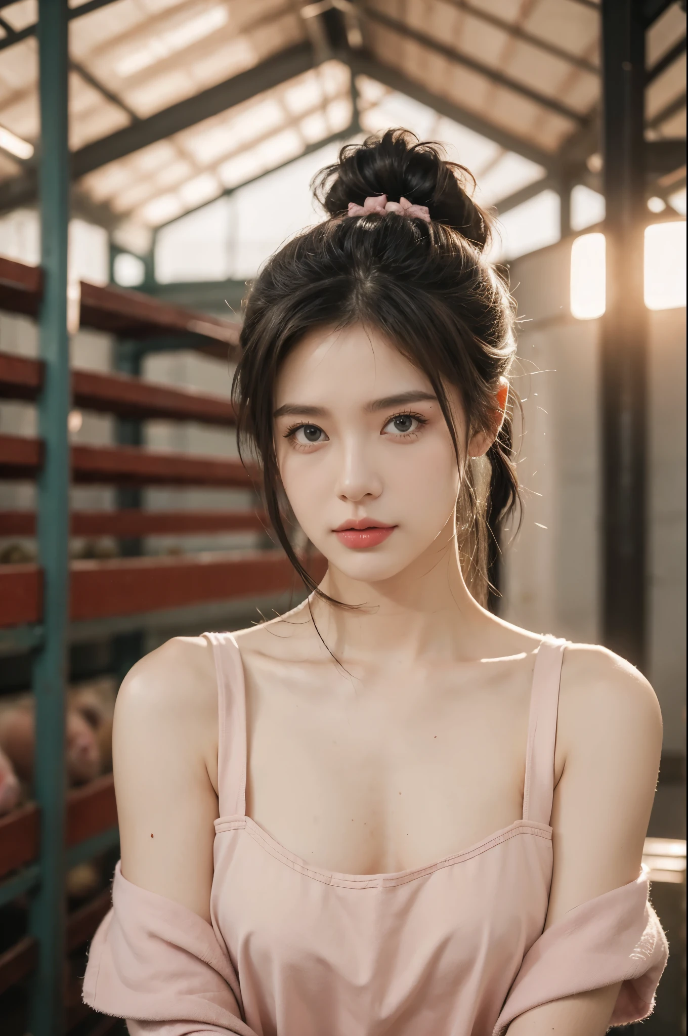 A girl stood in the middle of a pig farm,short ponytail,bare shoulders,flat chests,apron,arms behind back,showcasing industrial photography,realistic scenery,photography carnival,wildlife photography,aurora punk,animal and human styles,upper body,beside a huge pig
