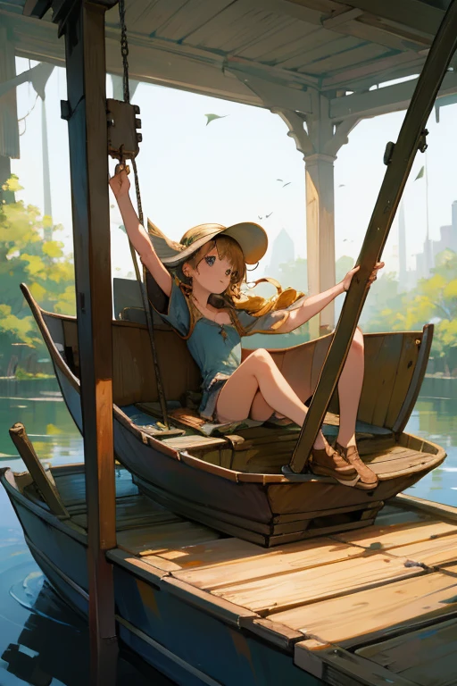 A beautiful girl swings her arms down at a broken miniature boat