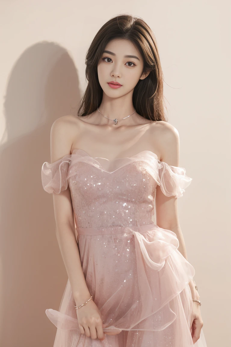 ((realistic:1.5)),((best quality)), ((Masterpiece)),((details)), (1 girl), 22-year-old beautiful girl, facial mix of korean actress Kim Ji-won, and phoebe cates, (half body:1.5), Tightening muscles, big thighs, Narrow hips, green eyes, large breasts, (details face, beautiful brown eyes, clear background:1.5), (dynamic gesture), (Normal skin, long hair, Sketched eyes, specified face, bracelet, half body), Wear elegant night dress, (revealing the chest, revealing large breasts. Show your sexy face)
