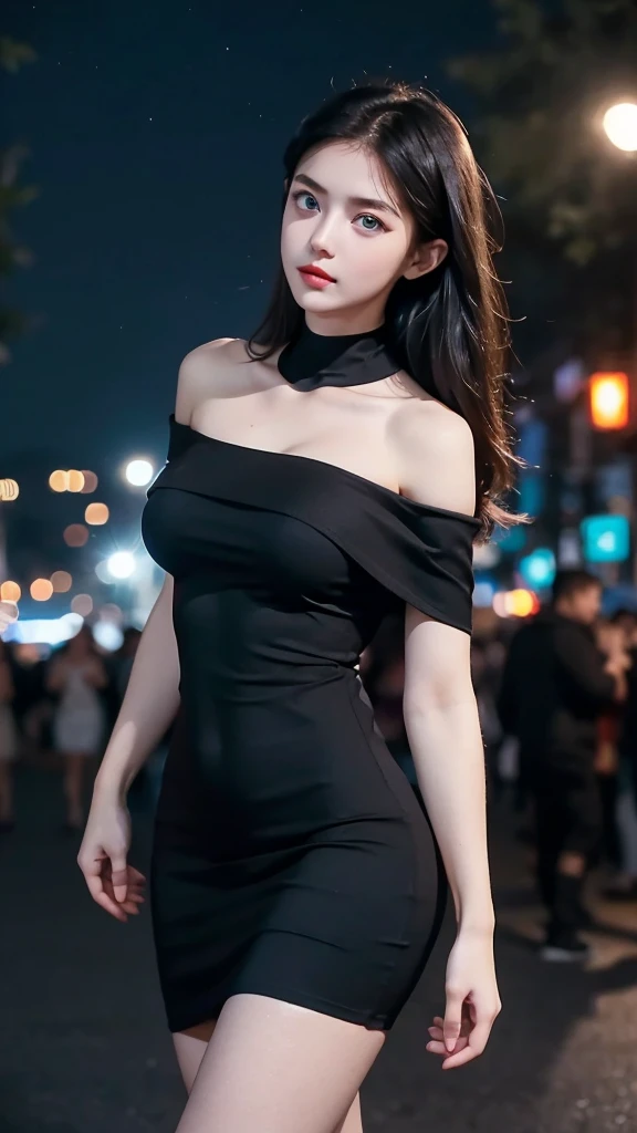 1 Girl, Beautiful, Baby Face, 20 Years Old, White Skin, Colossal Breasts, Sexy Pose, ((Black Bodycon Dress)), ((Off Shoulder Outfit)), Blue Eye, ((Muscles:1.1)), ((Bokeh:1.3)), Street Crowd Background, Masterpiece, ((Night:1.3)), ((Dark:1.3)), ((Black))